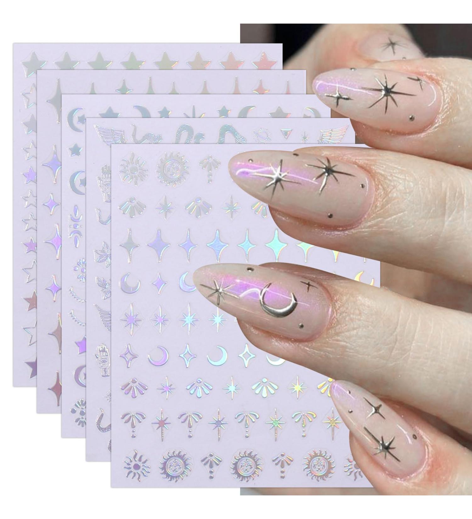 JMEOWIO 10 Sheets Moon Star Sun Nail Art Stickers Decals Self-Adhesive Silver Aurora Nail Supplies Nail Art Design Decoration Accessories - Buy Online on GoSupps.com