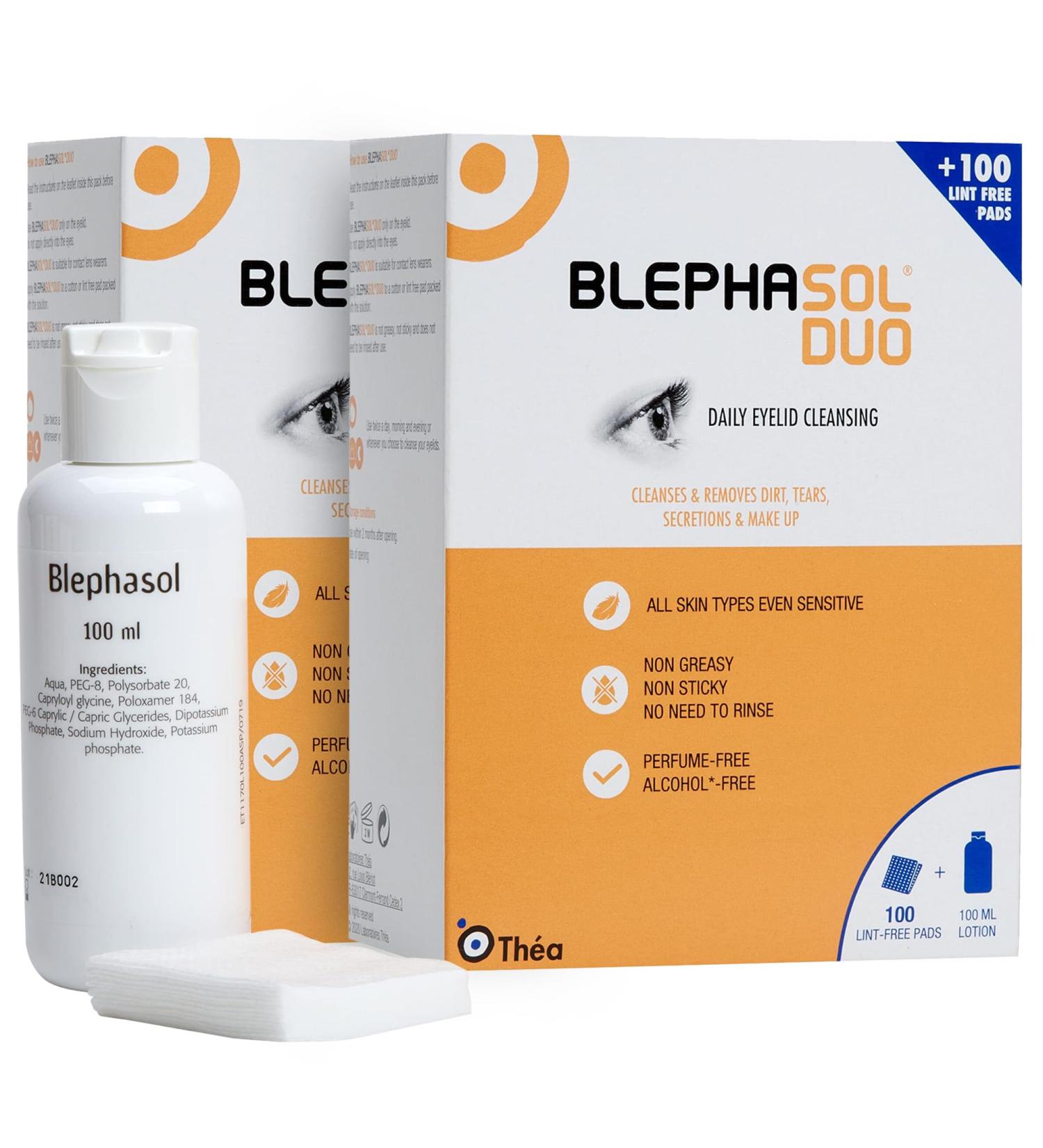 2 x Blephasol Duo 100 ml Micellar Eyelid Cleansing Lotion with 100 Lint-Free Pads | Effective and Gentle Cleansing for Make-Up Removal Inflamed and Sensitive Eyelids | Soap & Alcohol-Free - Buy Online on GoSupps.com