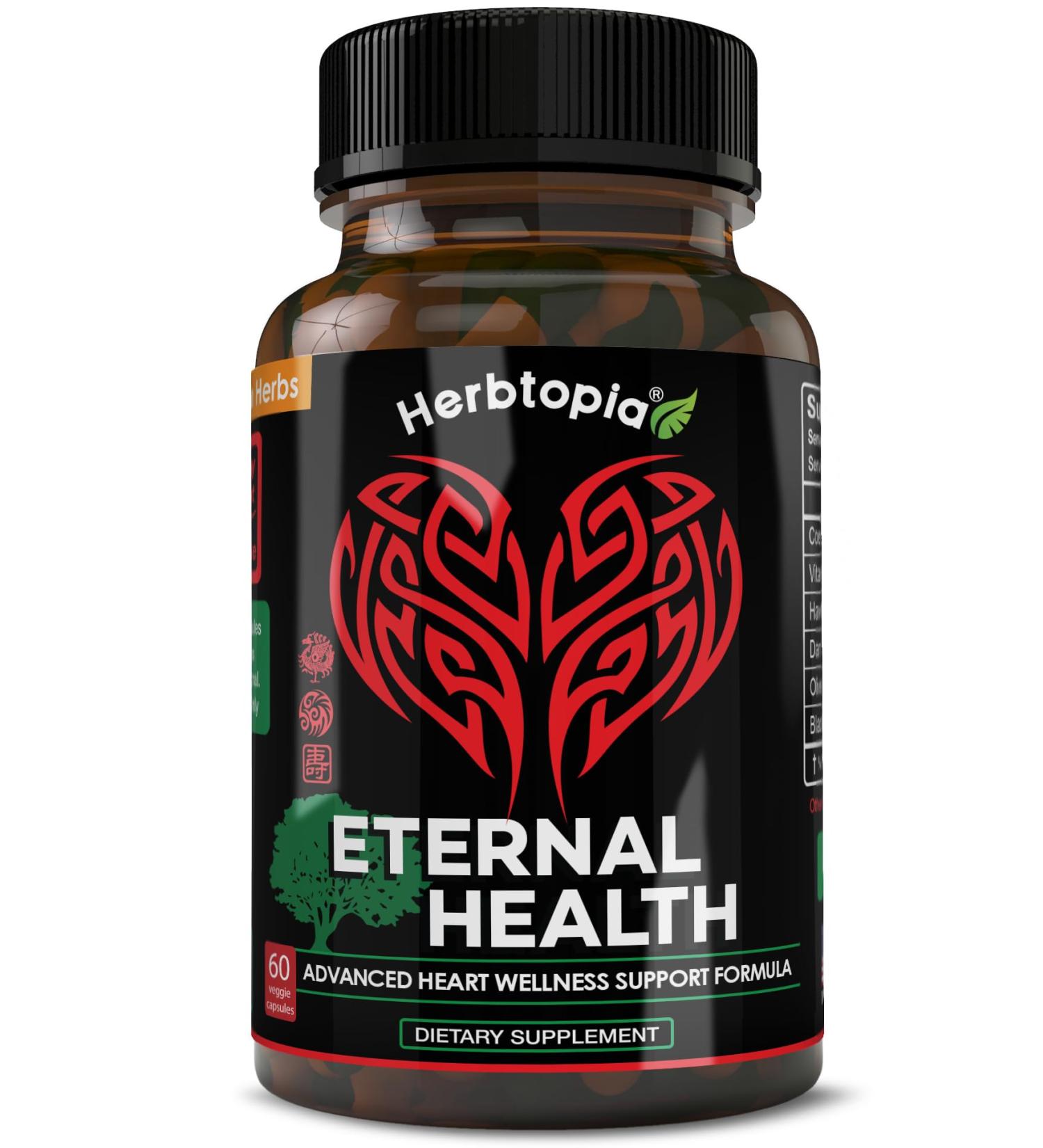 Herbtopia Eternal Health Blood Pressure Support Supplement Heart Health & Blood Circulation Formula with CoQ10 K2 MK7 Black Garlic Hawthorn Olive Leaf & Dan Shen 60 Capsules - Buy Online on GoSupps.com