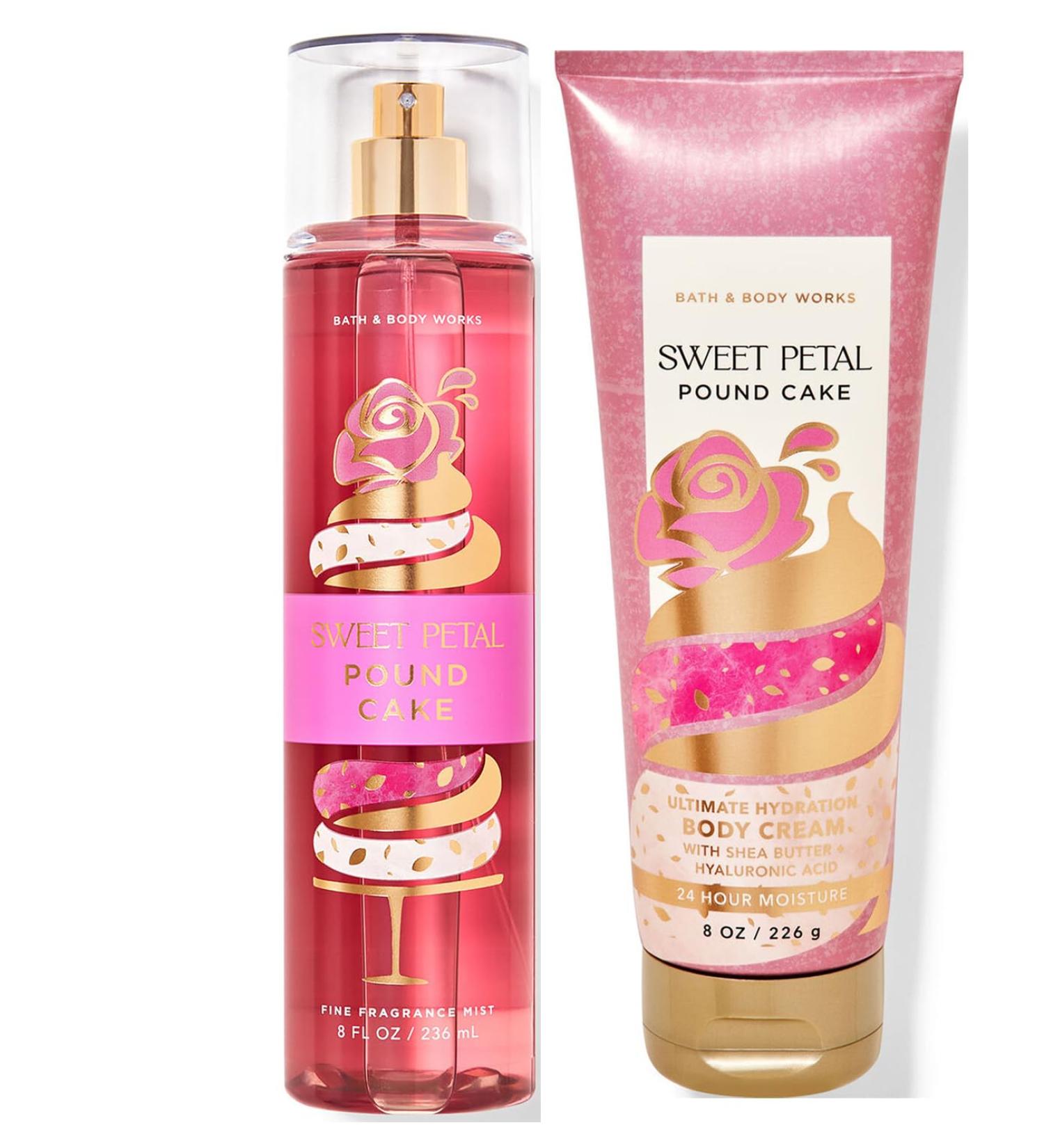 Bath and Body Works Ultimate Hydration Body Cream And Bpdy Spray Mist Fragrance Gift Sets (Sweet Petal Pound Cake)