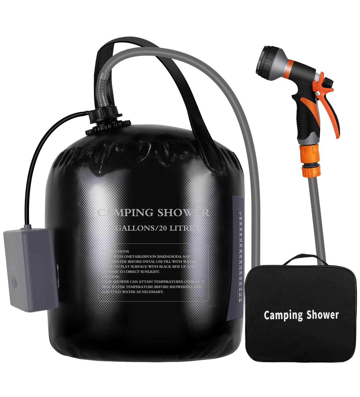 AZXJC Portable Camping Shower 5 Gallons with Rechargeable Air Pump, 8 Spray Modes, Solar Heating, Built-in Thermometer for Beach, Camping, Hiking - Buy Online on GoSupps.com
