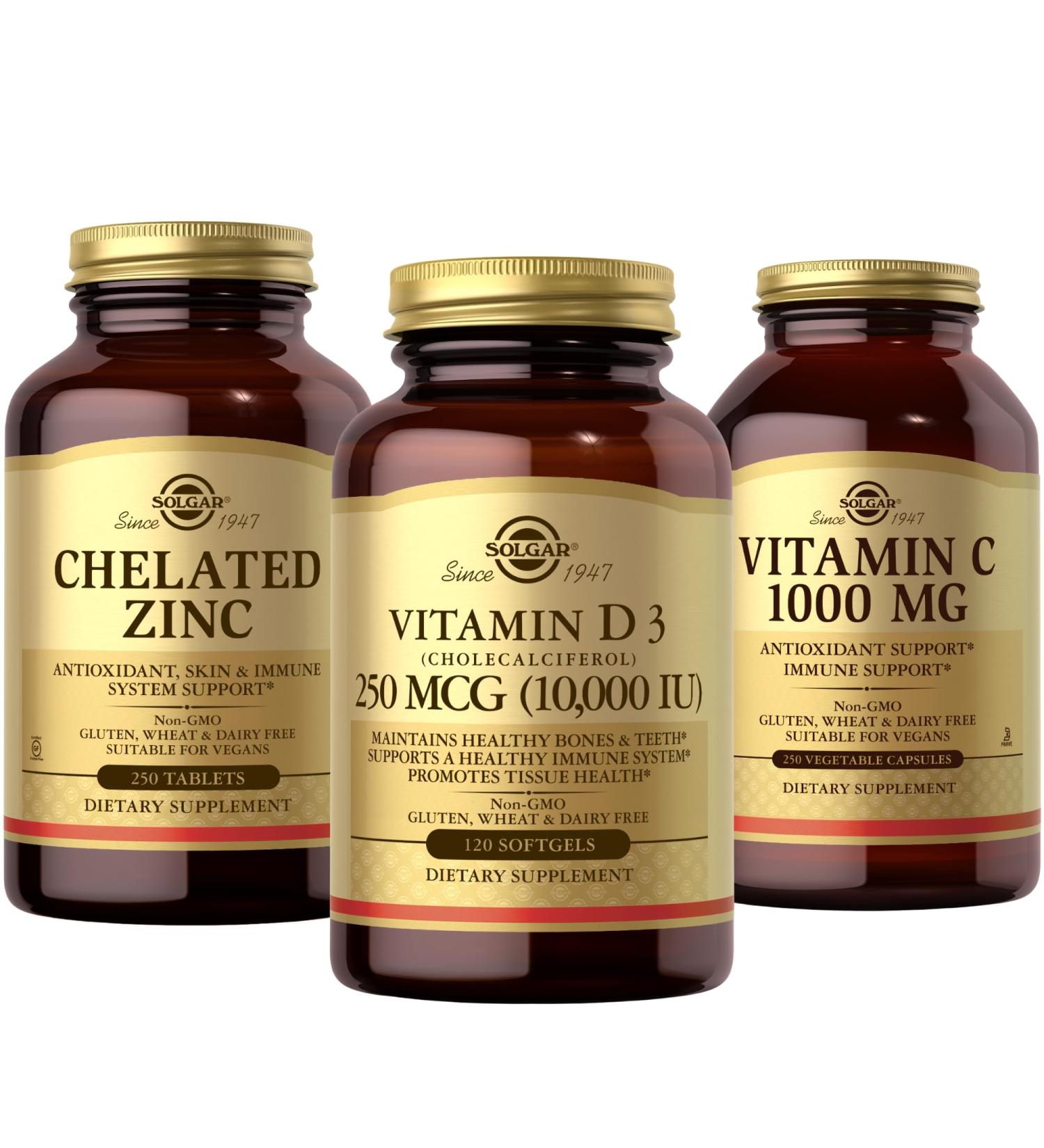 SOLGAR Vitamin C D & Zinc Bundle: Vitamin C 1000 mg 250 Vegetable Capsules + D3 (Cholecalciferol) 250 MCG (10 000 IU) 120 Softgels + Chelated Zinc 250 Tablets - Buy Online on GoSupps.com
