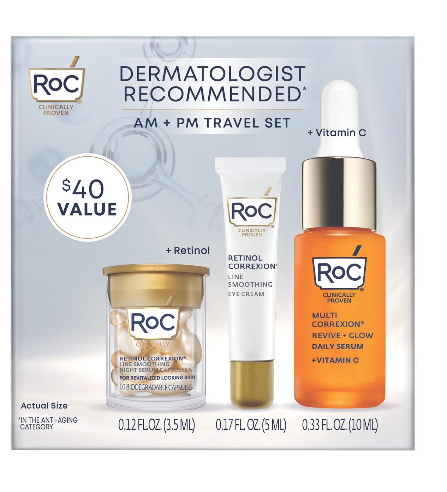 RoC AM + PM Travel Gift Set: Retinol Eye Cream, Capsules, Vitamin C Serum - 10ct - Buy Online on GoSupps.com