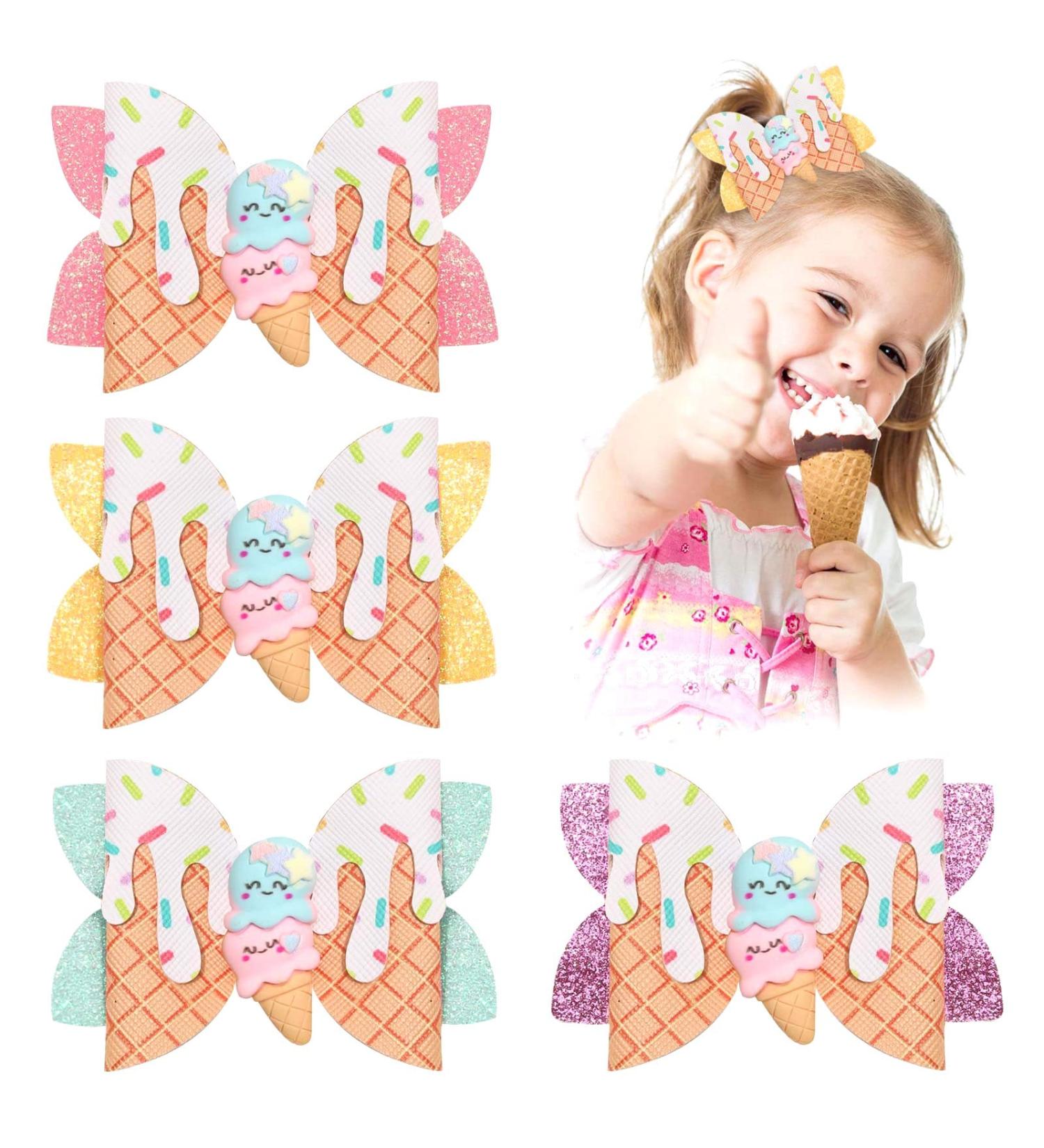 Ice Cream Hair Bows for Girls - 4 Pcs Glitter Hair Clips - Sparkly Alligator Toddler Bows for Birthday Party - Kids Hair Accessories - Buy Online on GoSupps.com