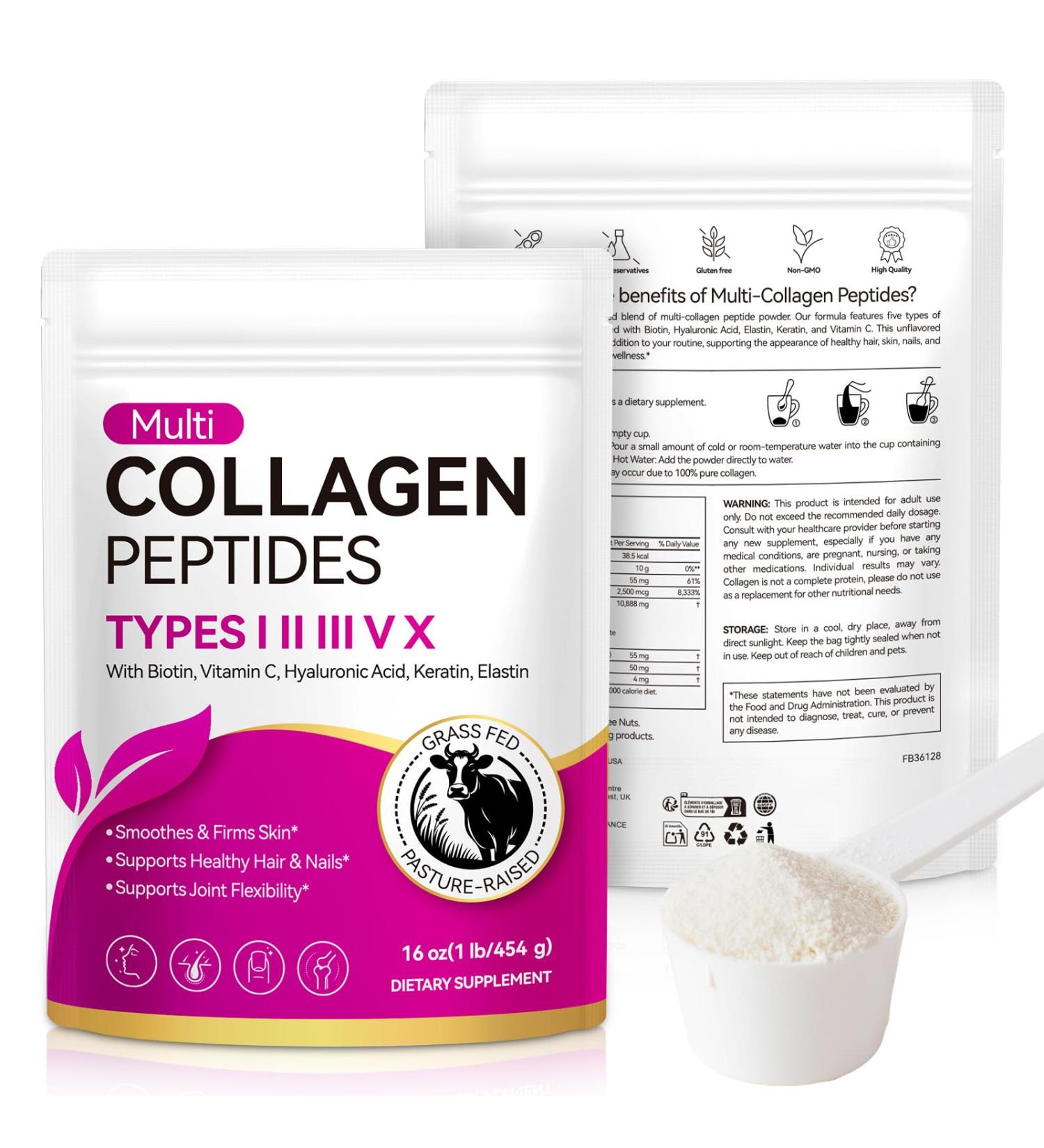 Poudre de collag ne poudre de collag ne 5 types de peptides de collag ne tr s efficace 454 g peptide de type 1 et 3 avec vitamine C hyaluronique et biotine go t neutre pour la peau les - Buy Online on GoSupps.com