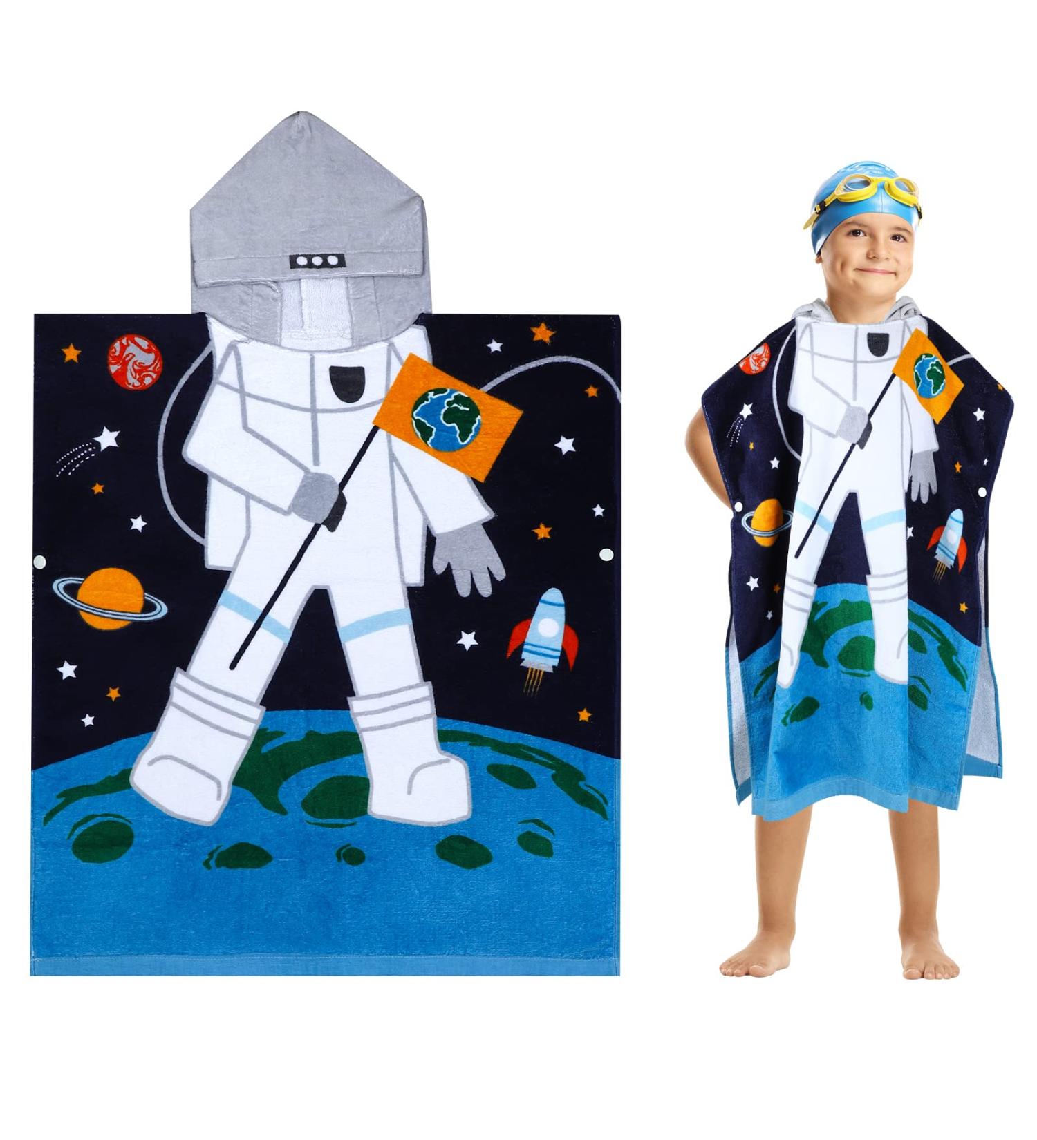 Flyish Kids Bathing Poncho - 100% Cotton Hooded Towel for Boys & Girls | Space Astronaut Design 70x60cm | Ideal Beach & Bath Solution - Buy Online on GoSupps.com
