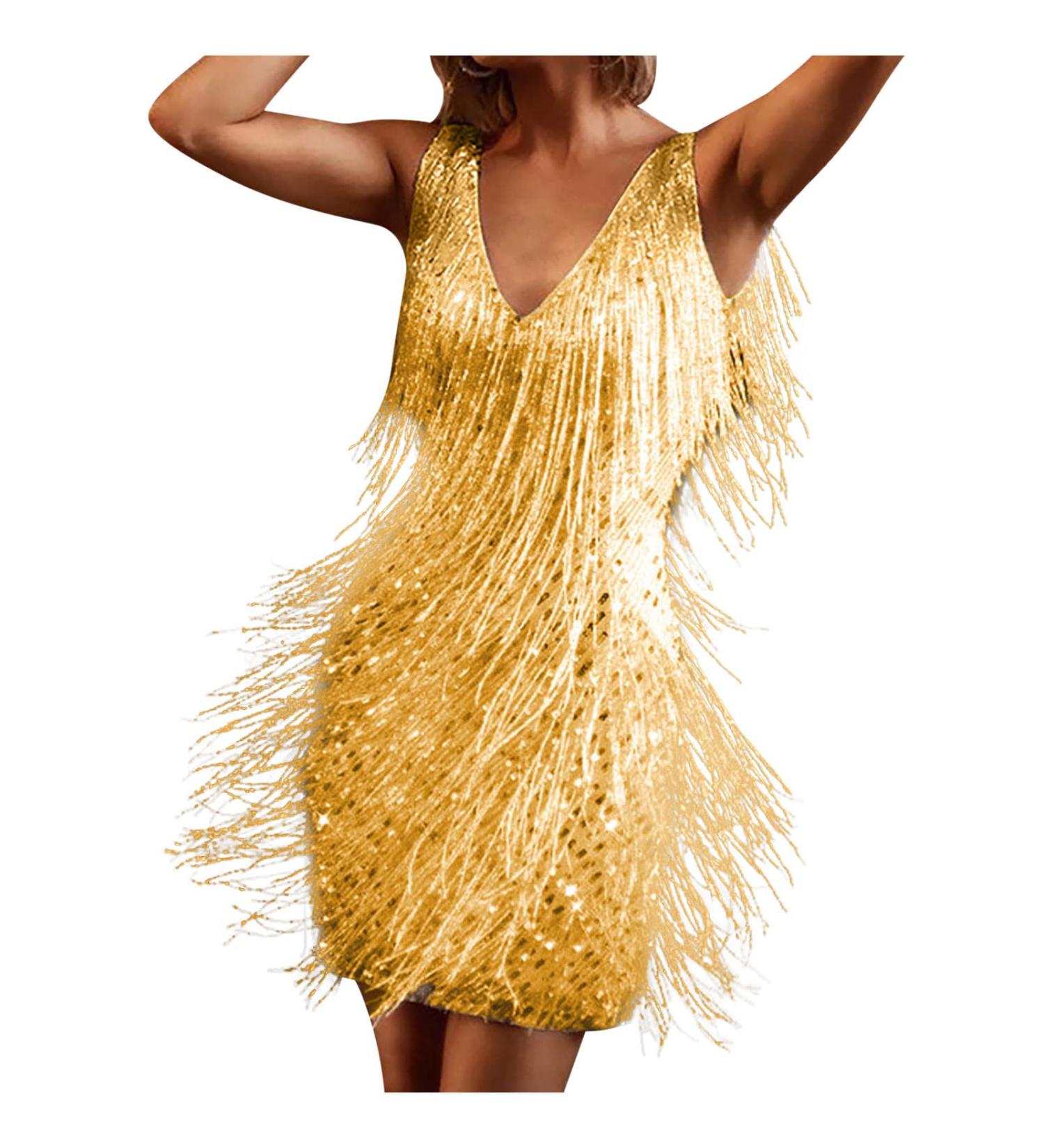 Women'S Casual Dress For Uk- Sexy V Neck Solid Color Tassel Sleeveless Dress Short Skirt 50'S Fancy Flared Dress Elegant Noble Dance Banquet Club Cocktail Special Occasions Homecoming Birthday Party M Gold - Buy Online on GoSupps.com