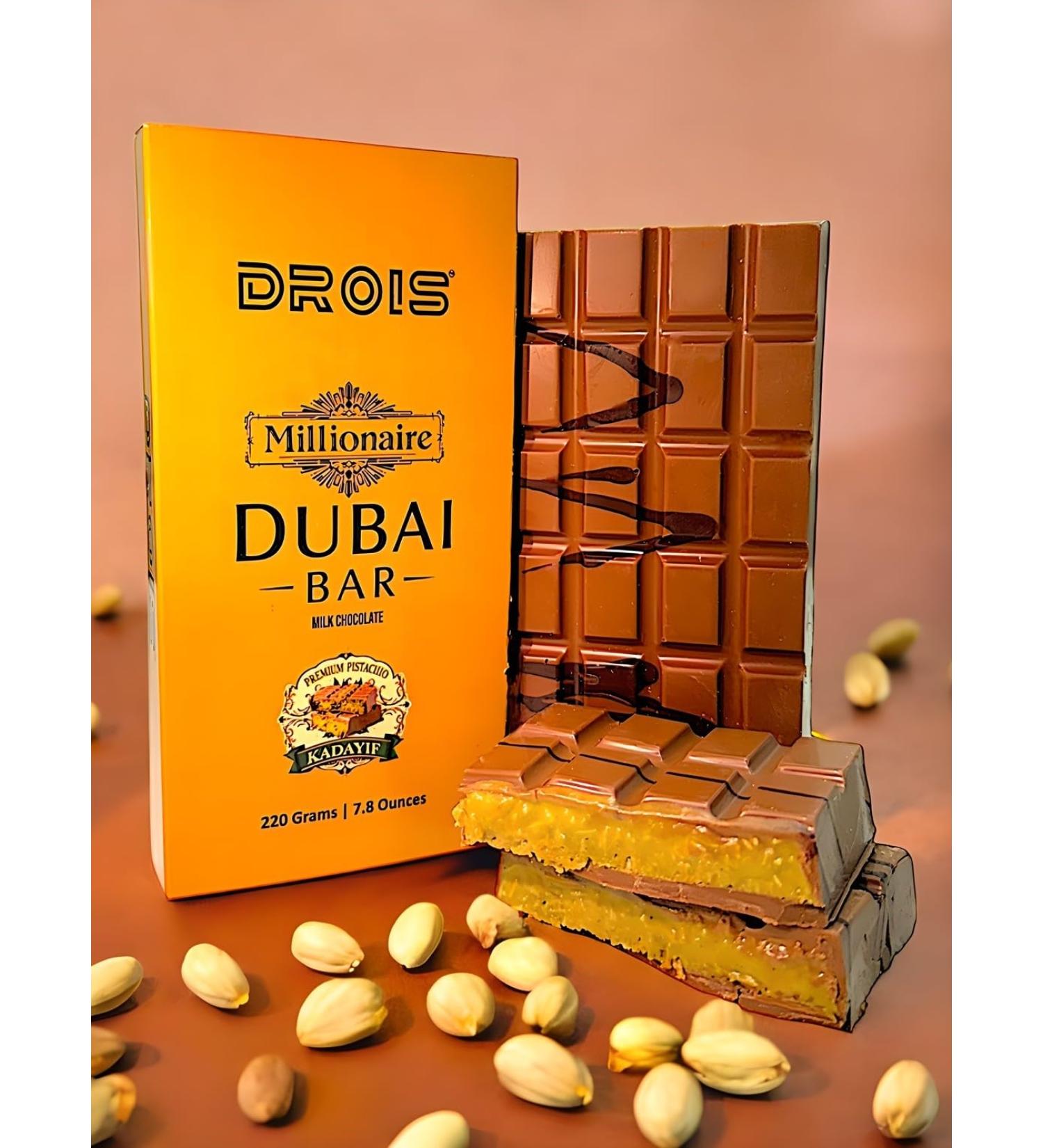  DROIS DROIS Millionaire Dubai XXL Chocolate Bar 220g Coated in Belgian chocolate premium pistachio and golden Kaday f filling Made in the EU - Buy Online on GoSupps.com