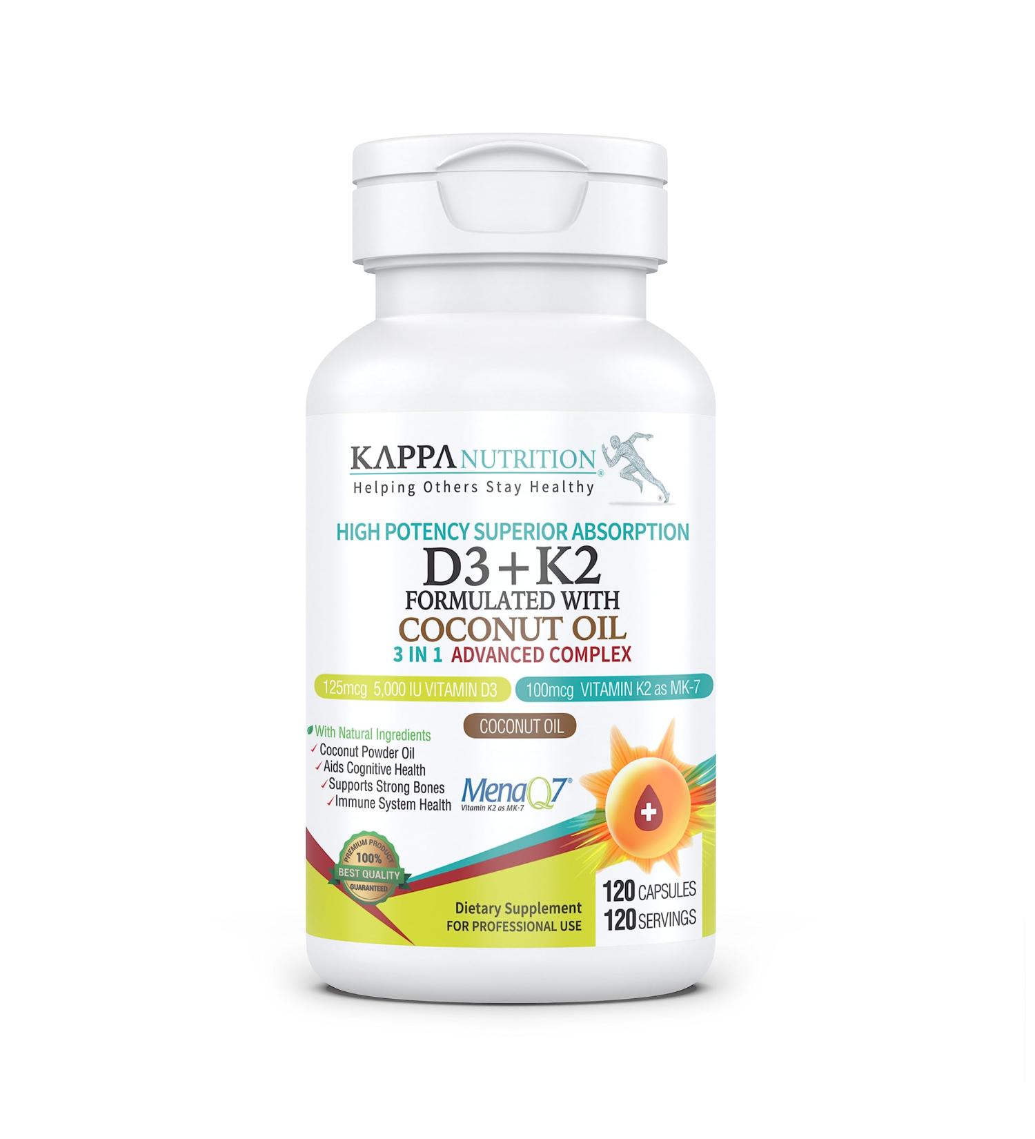 KAPPA NUTRITION Vitamin D3 + K2 with MCT Oil - 5000iu D3 & 100mcg K2 for Bone Health - 120 Vegan Capsules - Buy Online on GoSupps.com