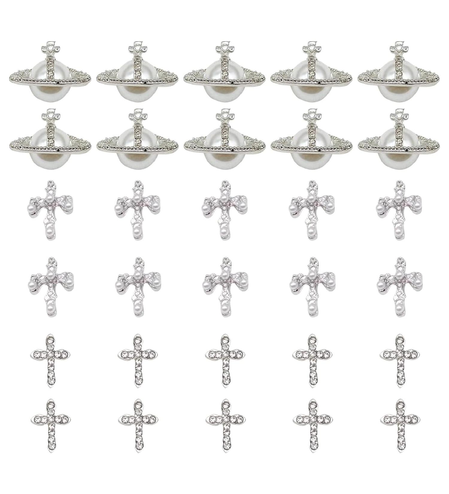 FINEPOTY Nail Charms 30 piece Set For DIY Nail Art Design Nail Accessories Nail Rhinestones Pearl and Diamond Cross Charms - Buy Online on GoSupps.com