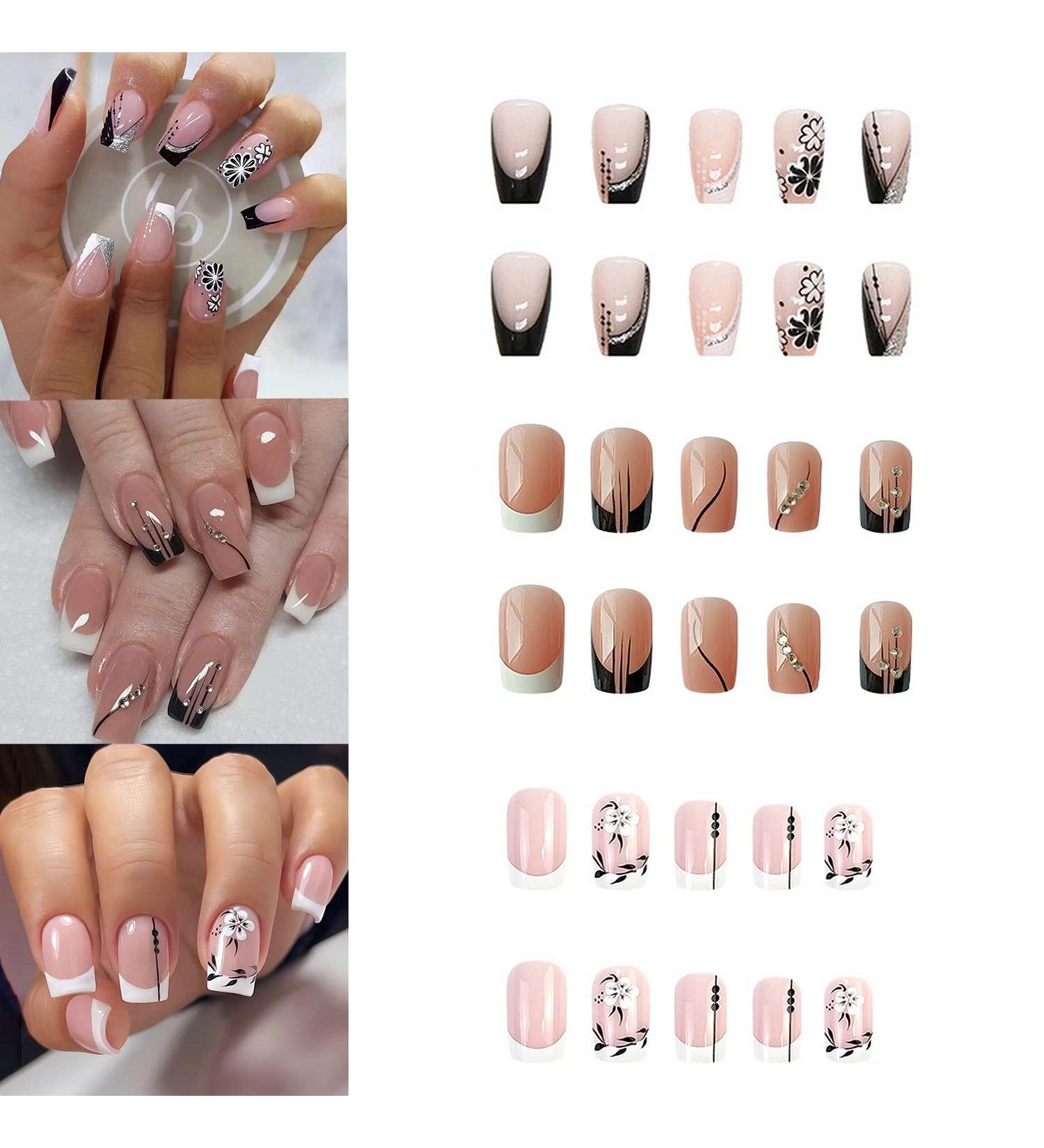 3 Packs French Press On Nails Medium - Black & White Glossy Fake Nails with Glue - 72 Pcs Acrylic Stick on Nails for Women - Buy Online on GoSupps.com