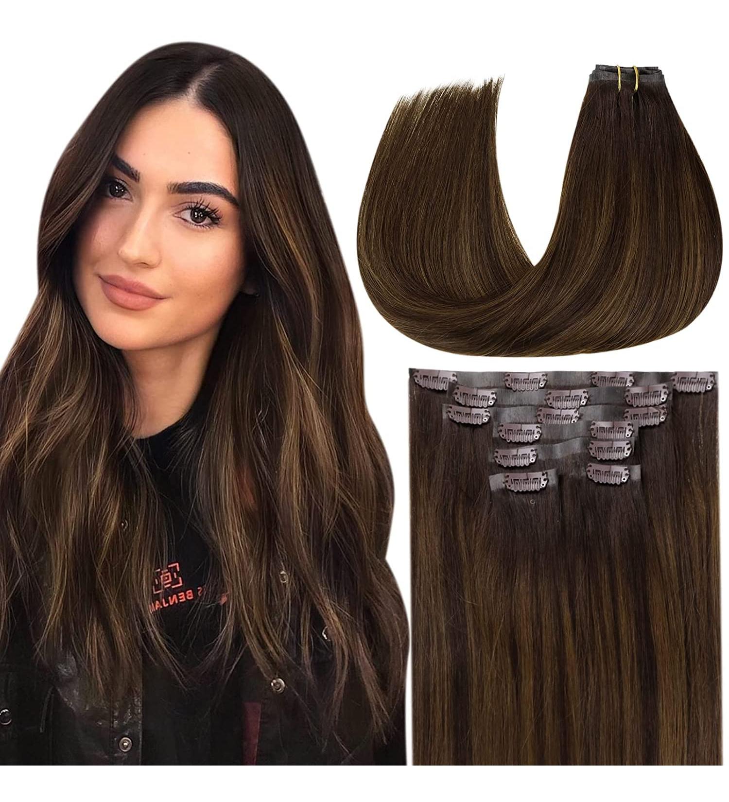 Happy Mother's Day PU Clip-In Extensions - 45cm 115g Seamless Balayage Real Hair #2/8/2 - Smooth Remy Clip-Ins for a Natural Look - Buy Online on GoSupps.com