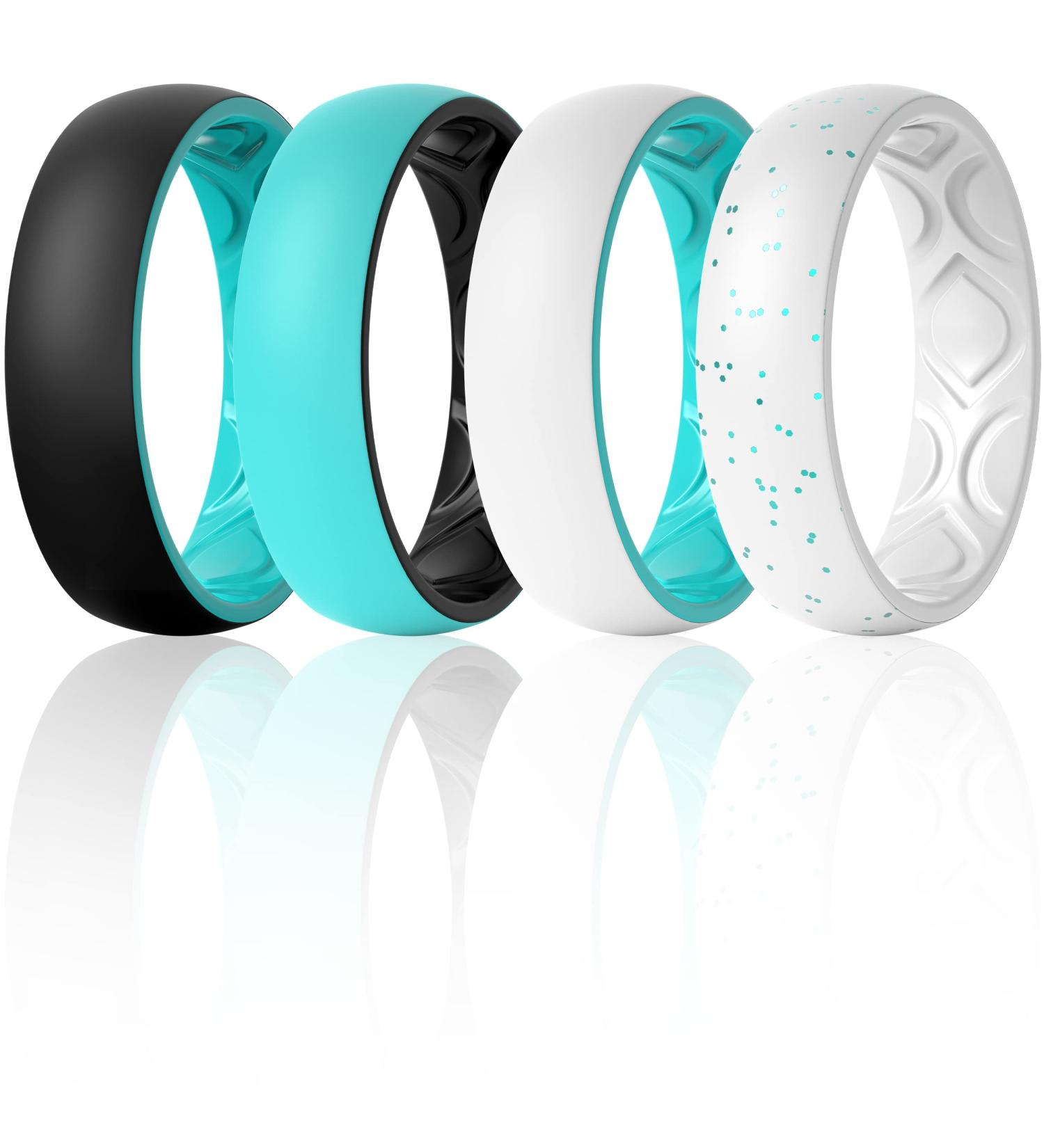 ThunderFit Women's Silicone Wedding Bands | Breathable 2 Layer | 5.5mm Wide 1.5mm Thick | Teal-Black, Black-Teal, White-Teal, Light Teal Glitter-White | Size 6.5-7 (17.35mm) - Buy Online on GoSupps.com