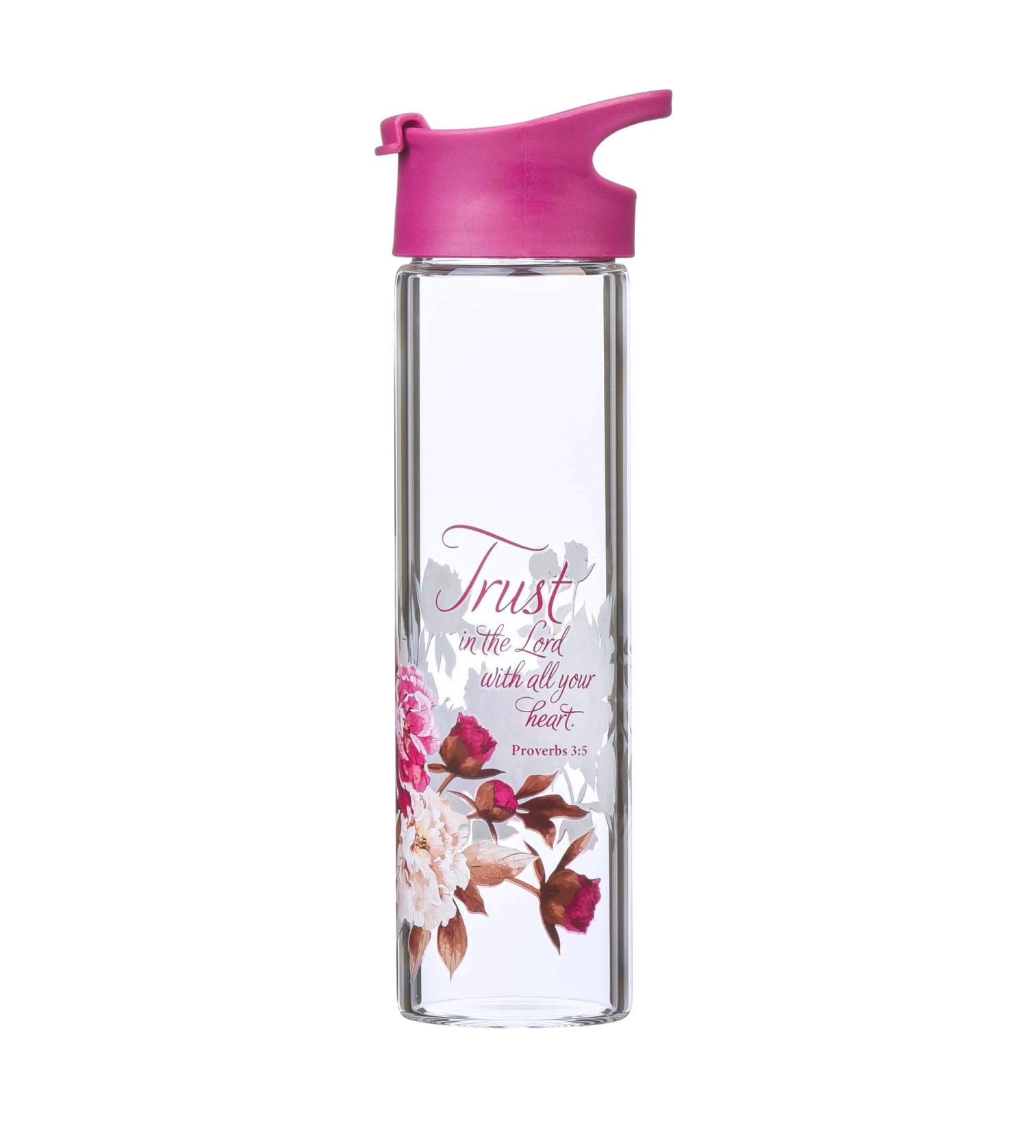 Trust In The Lord Glass Water Bottle - Proverbs 3:5 Pink Floral Design - 20oz - Buy Online on GoSupps.com