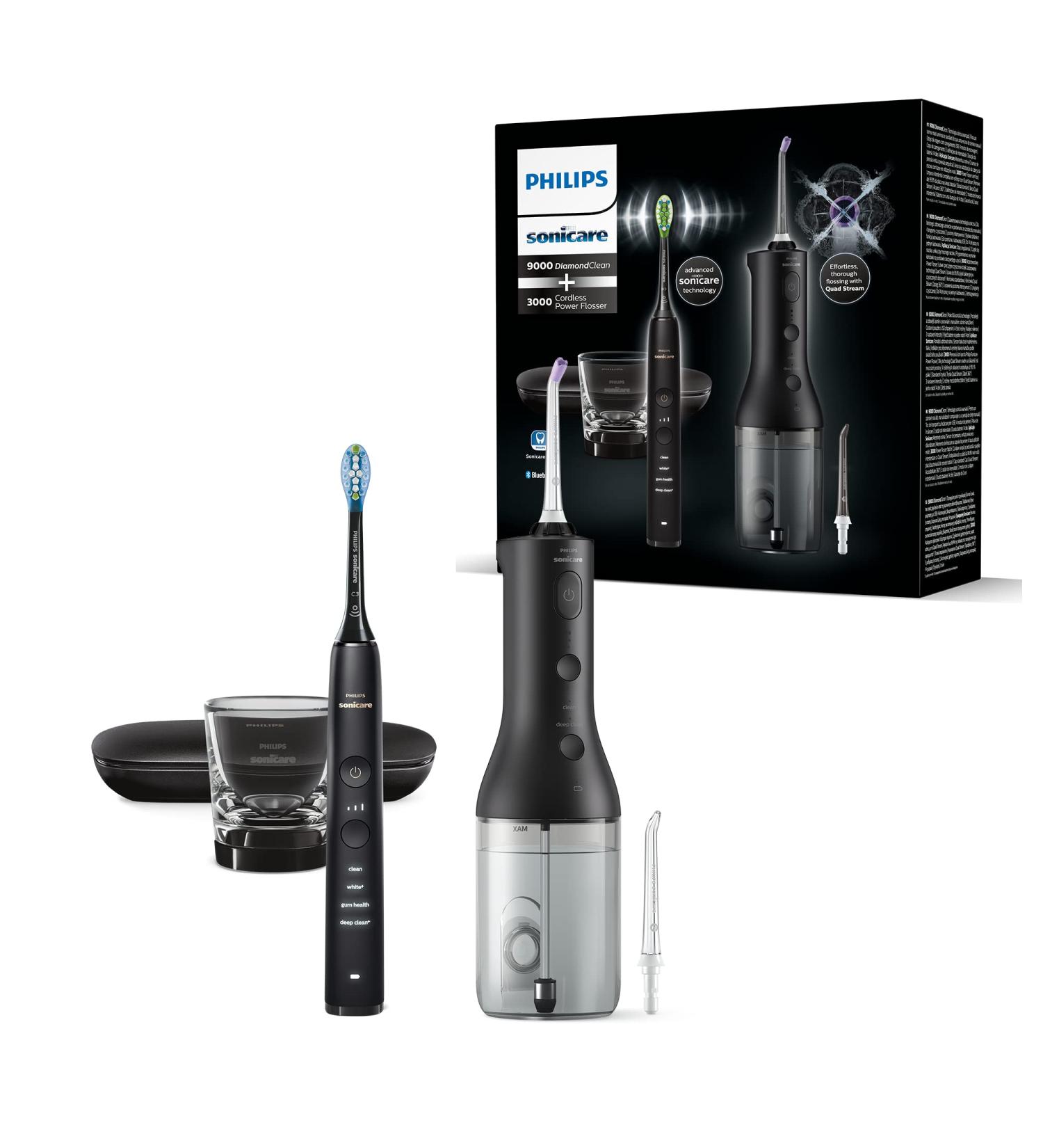 Philips Sonicare Wireless Power Flosser & DiamondClean 9000 Electric Toothbrush - HX3866/43 | Clean Teeth Gums & Plaque Removal | Black - Buy Online on GoSupps.com