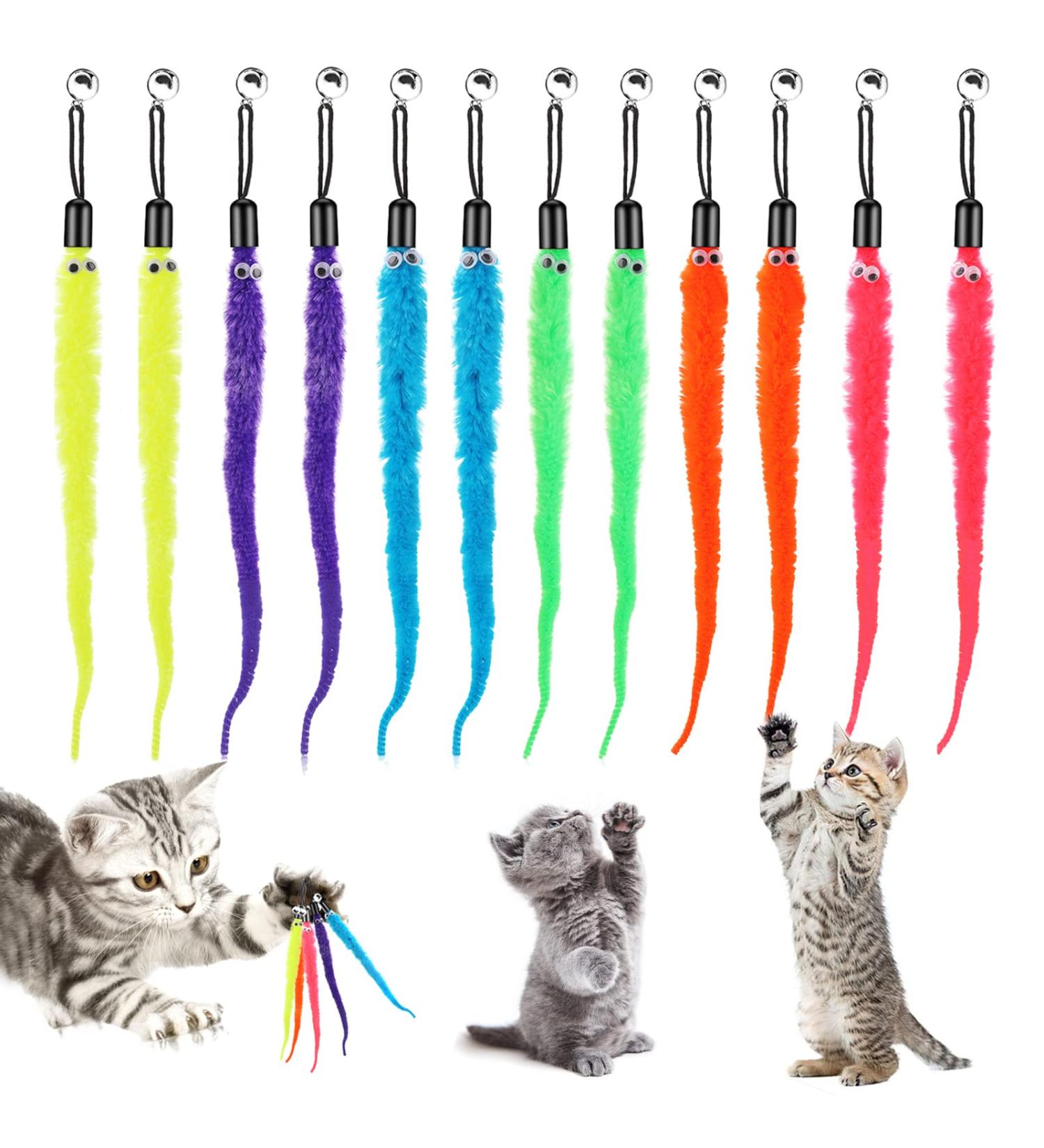 Cobee 12pcs Cat Worm Toy Refills Cat Wand Toy Replacement Refills Furry Tail Worm with Bells Assorted Teaser Refills with Bell for Cat Kitten Worm Refills Attachment for Cat Wand - Buy Online on GoSupps.com