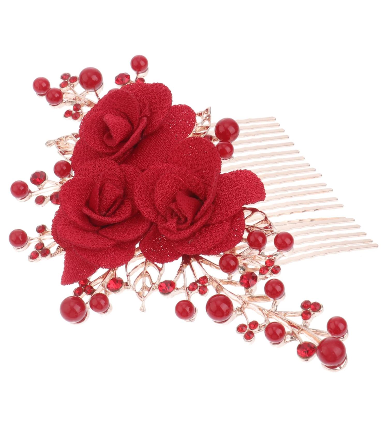 DOITOOL Red Rose Flower Hair Clip Comb Artificial Pearl Hair Comb Red Rose Hair Clip Bridal Accessories Chinese Style Hair Accessories Tiara Floral Hairpin Dress Flowers Bride - Buy Online on GoSupps.com