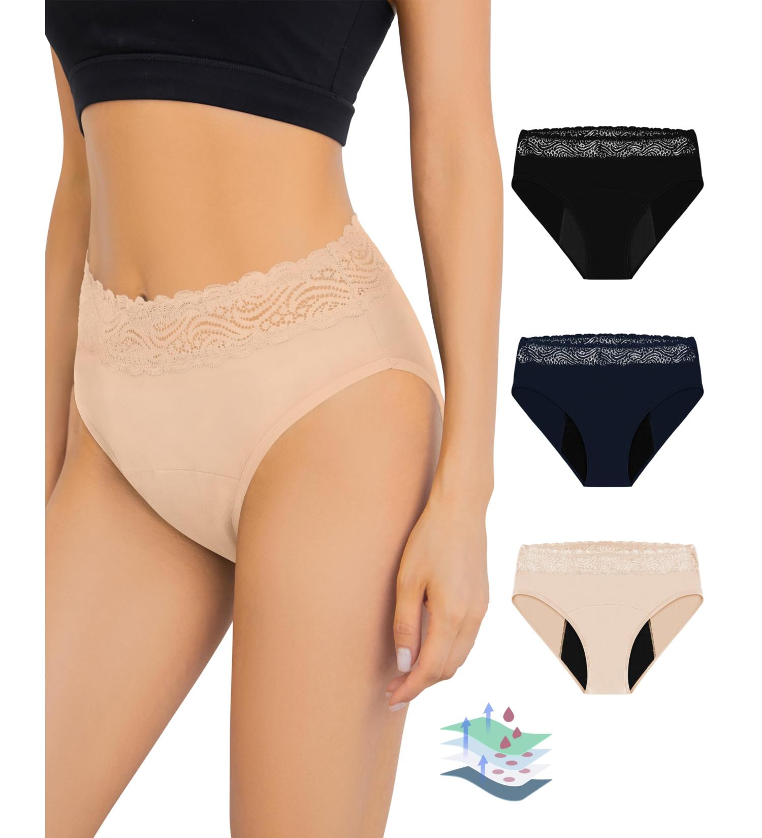 Leovqn Lace Trim Period Pants for Women XL - Heavy Flow Menstrual Underwear | Leakproof Postpartum Briefs in Black/Navy/Nude - Buy Online on GoSupps.com