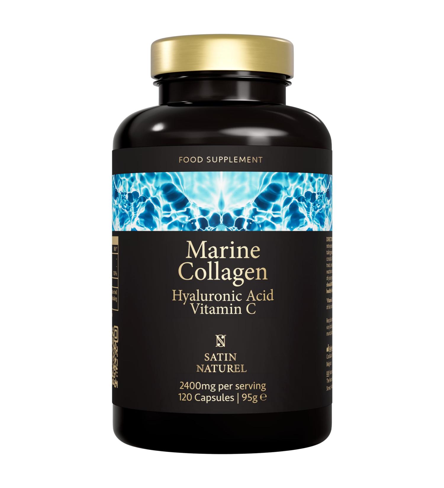Marine Collagen Capsules with Hyaluronic Acid & Vitamin C - 2400mg High Strength - Skin, Joints & Hair - 120 Capsules - Satin Naturel - Buy Online on GoSupps.com