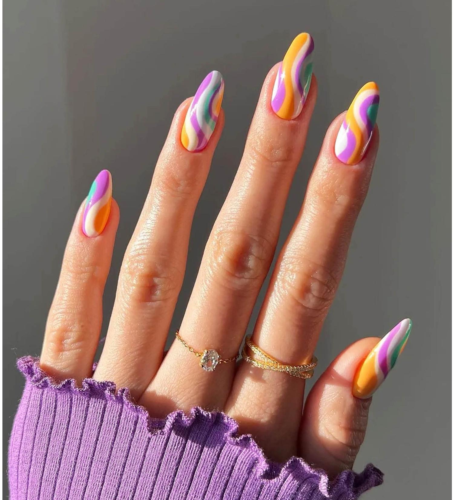24 Pcs Colorful Candy Swirl Stiletto Press On Nails with Glue - Luvehandicraft - Buy Online on GoSupps.com