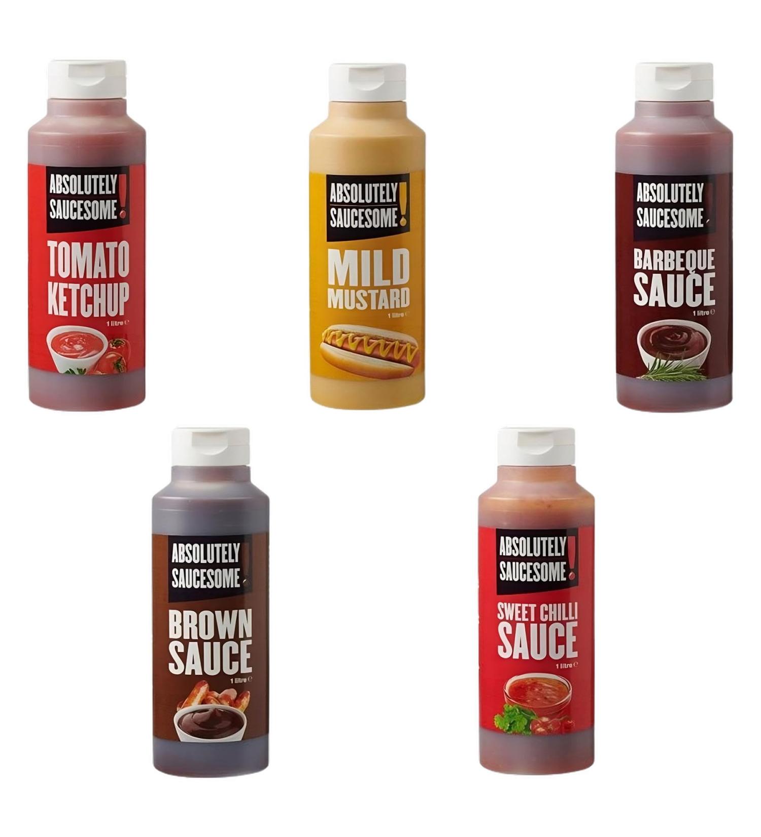Absolutely Saucesome Ketchup Mustard & Sauce Pick N Mix - Choose From 5 Flavours | Tomato Mild BBQ Brown Sweet Chilli Squeezy-Bottle 1L Restaurant Quality Ideal for Home Use - Pack of 5 - Buy Online on GoSupps.com