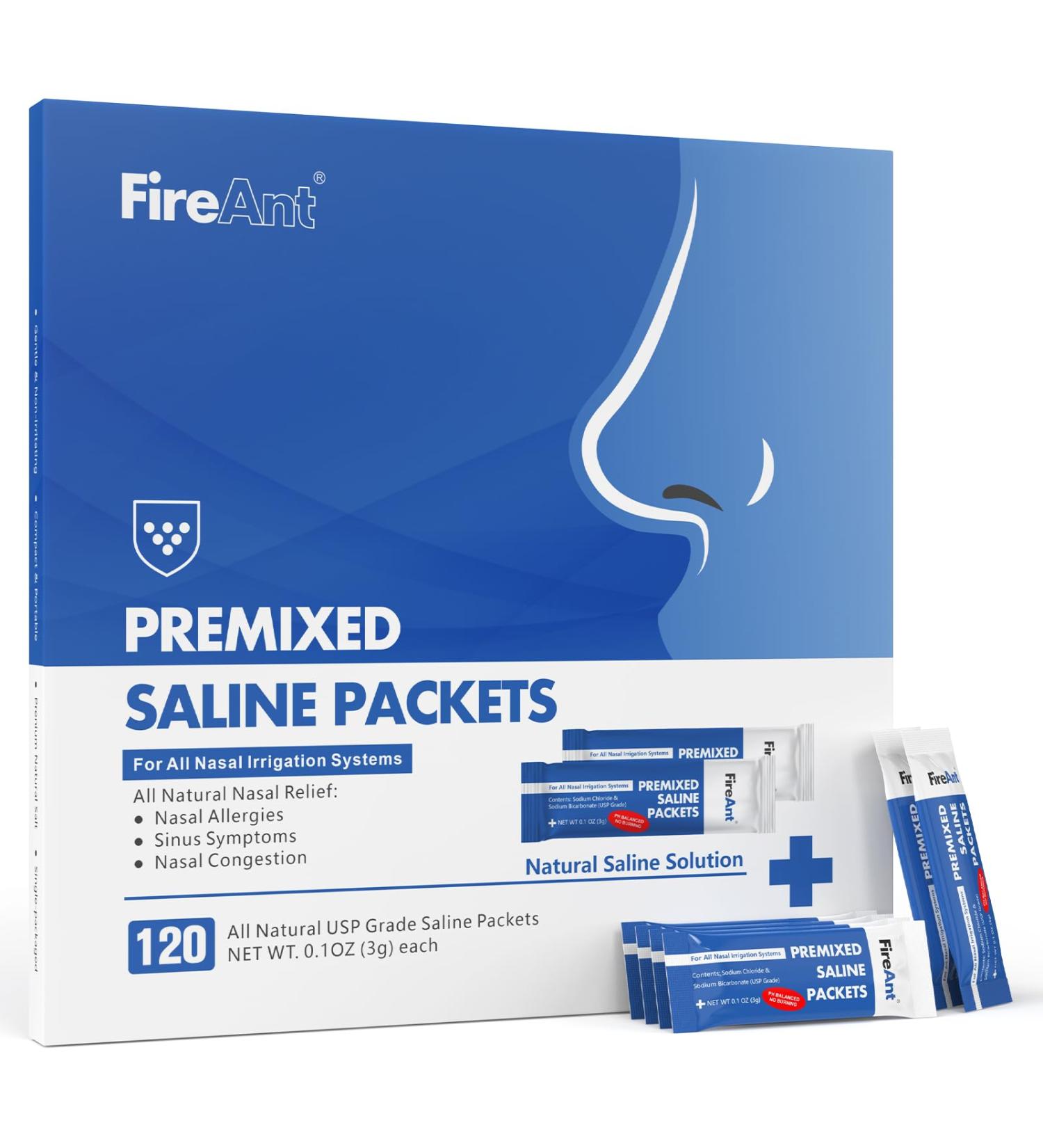FireAnt 120 Saline Packets Sinus Rinse 120 Premixed Neti Pot Salt Packets for Nasal Rinse All Natural Pharmaceutical Grade and PH Balanced - 120 Count - Buy Online on GoSupps.com