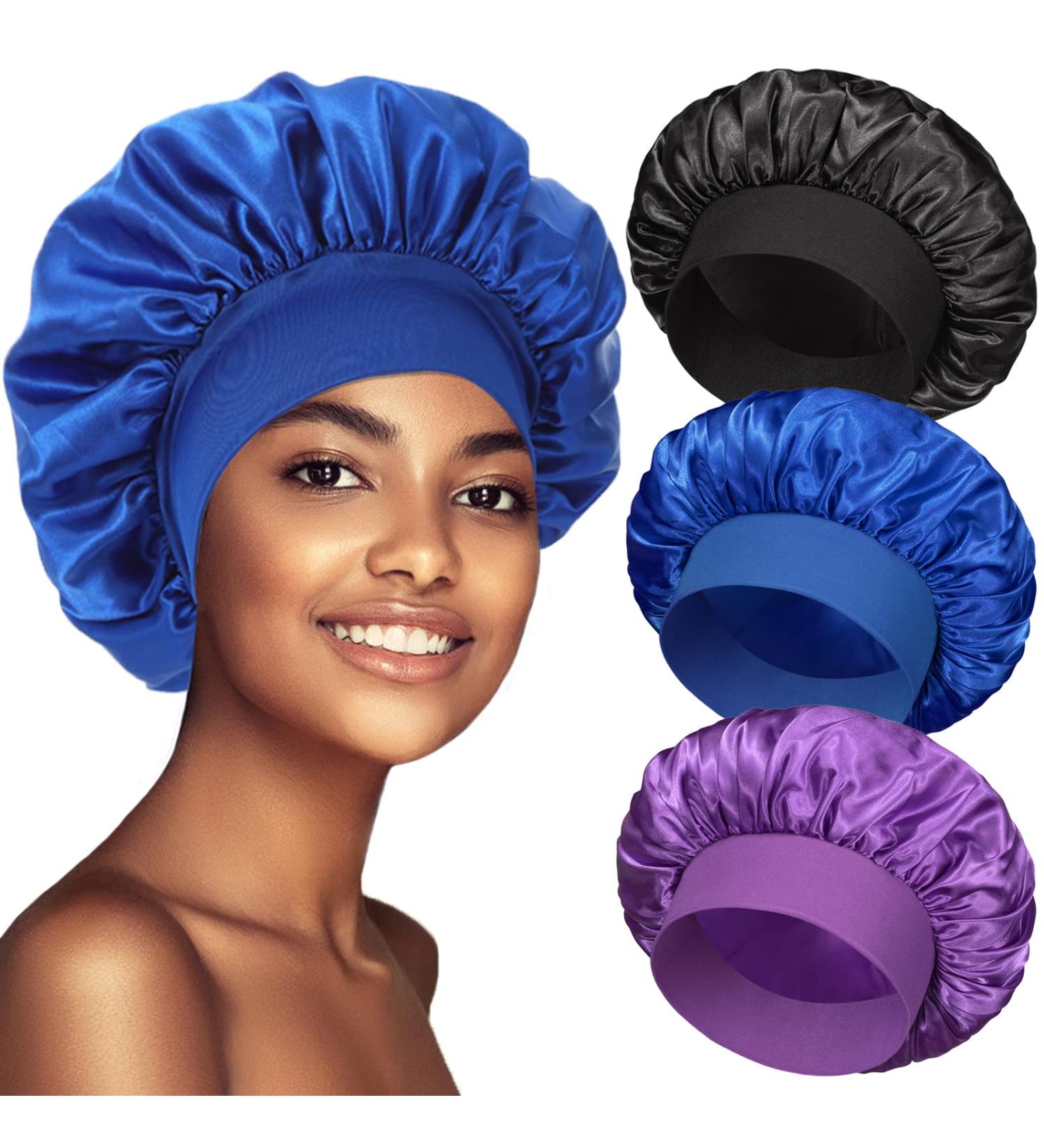 Satin Bonnet 3-Pack for Sleeping - Large Silk Bonnets for Black Women - Wide Soft Band Sleep Cap for Curly Hair - Set of 3 - Buy Online on GoSupps.com
