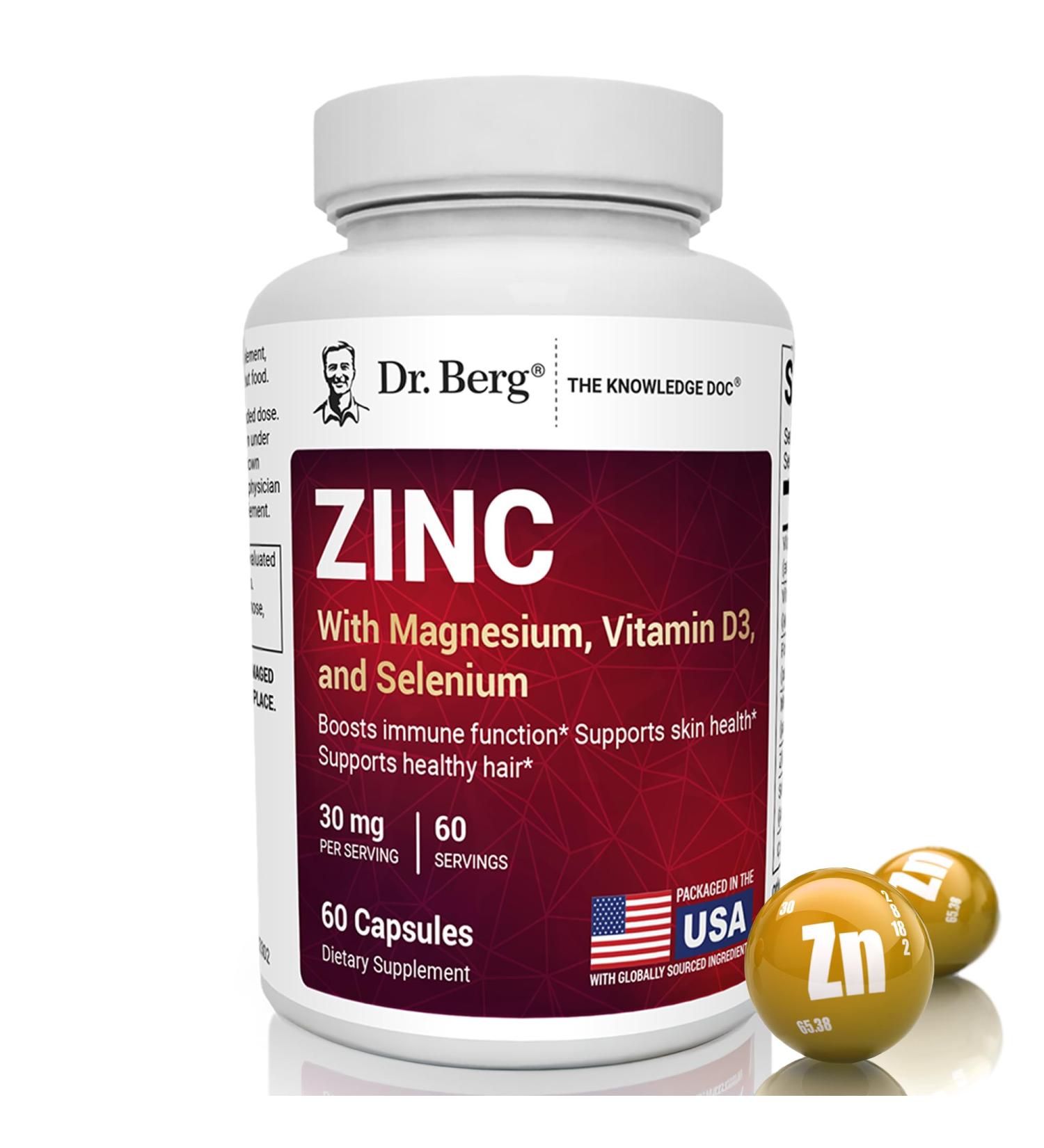 Dr. Berg Zinc 30mg Enhanced with Magnesium Vitamin D3 Selenium & Copper - Zinc Supplements for Men & Women - Chelated Zinc for Immune Skin Hair & Nails Support* - 60 Capsules - Buy Online on GoSupps.com