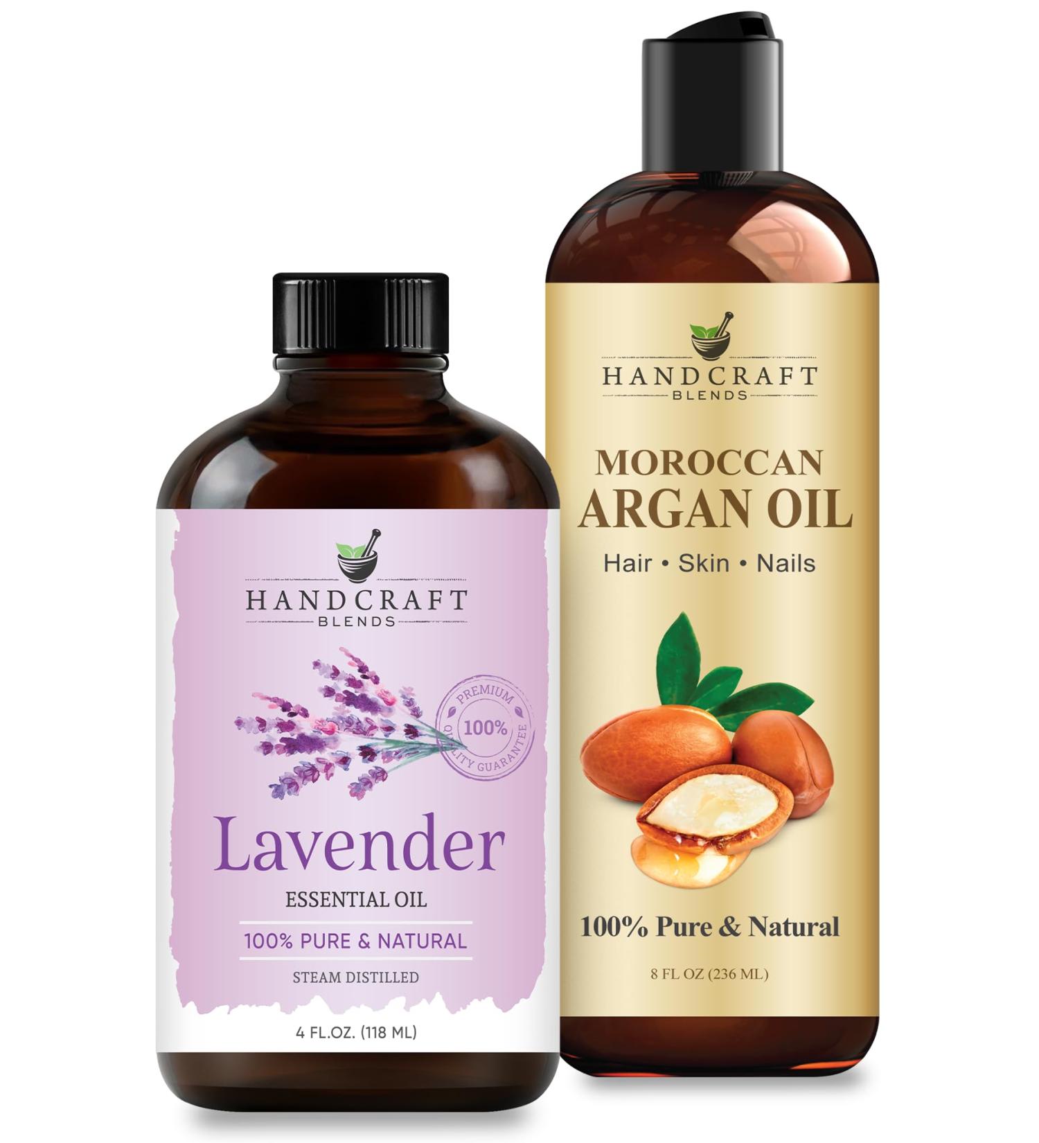Handcraft Blends Soften & Soothe Set: Moroccan Argan Oil (8 Fl Oz) and Lavender Essential Oil (4 Fl Oz) 100% Pure & Natural for Silky Hair Skin and Relaxation - Buy Online on GoSupps.com