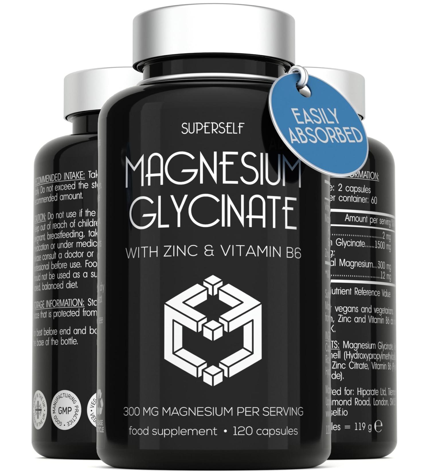 Magnesium Glycinate Supplement - 1500mg Magnesium Bisglycinate Capsules with Zinc & Vitamin B6-120 Tablets High Strength Complex - 300mg Chelated Supplement with Zinc - Advanced Absorption - UK Made - Buy Online on GoSupps.com