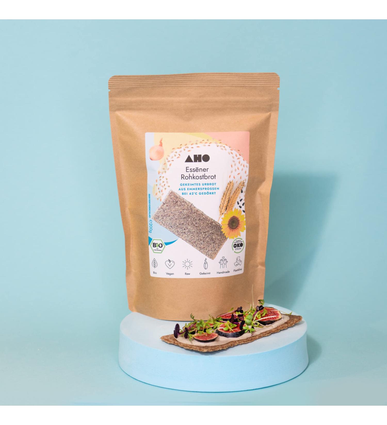 Buy AHO Ess ner Raw Food Bread 200g | Germinated Emmer Cereal | Organic Sprouts | Plastic-Free Packaging | Healthy International Shipping - Buy Online on GoSupps.com