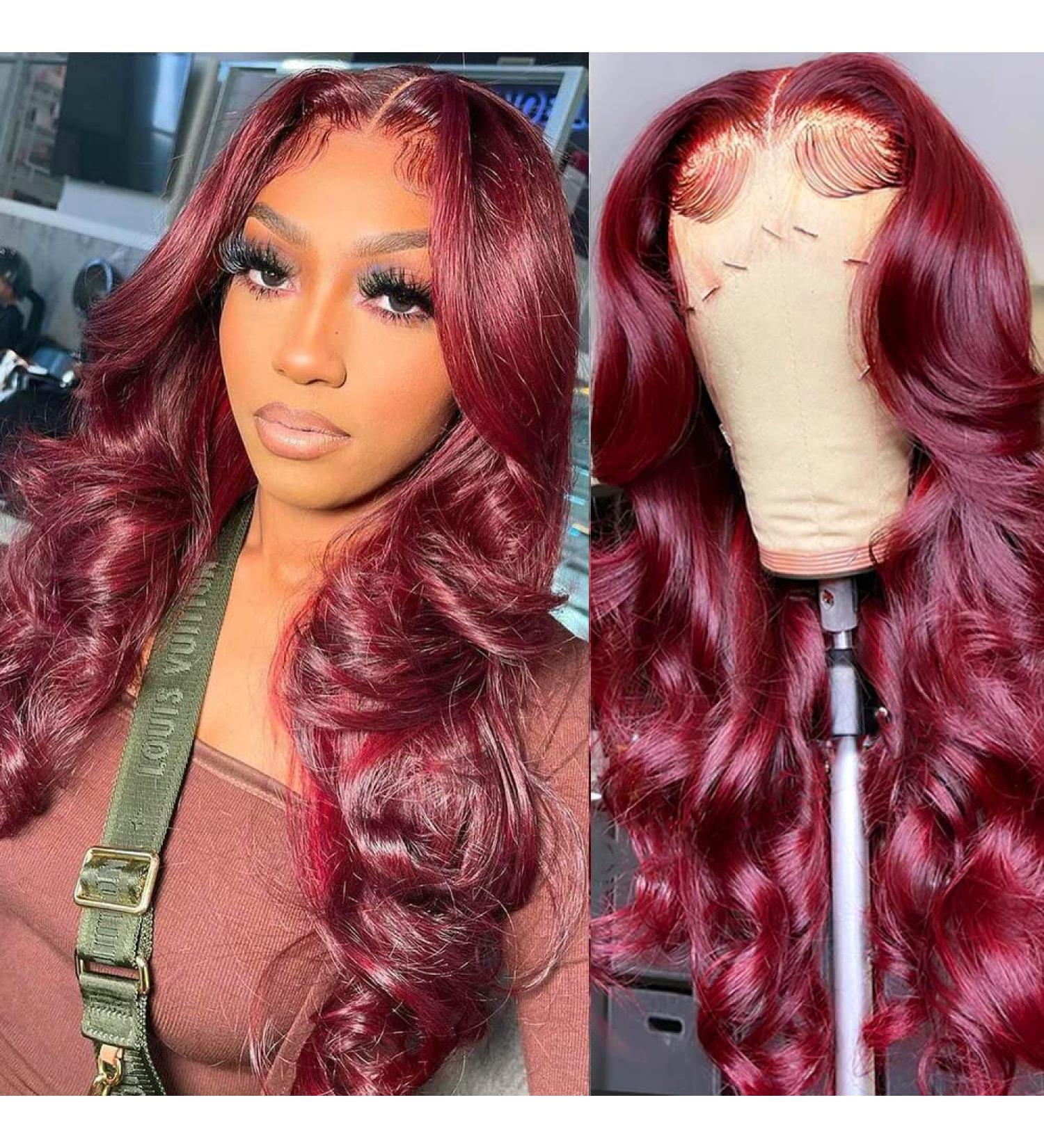 SLHUSE 99J Burgundy Lace Front Human Hair Wig 24 Inch - Body Wave HD Transparent Lace, Pre Plucked, Glueless, 180% Density - Wine Red - Buy Online on GoSupps.com