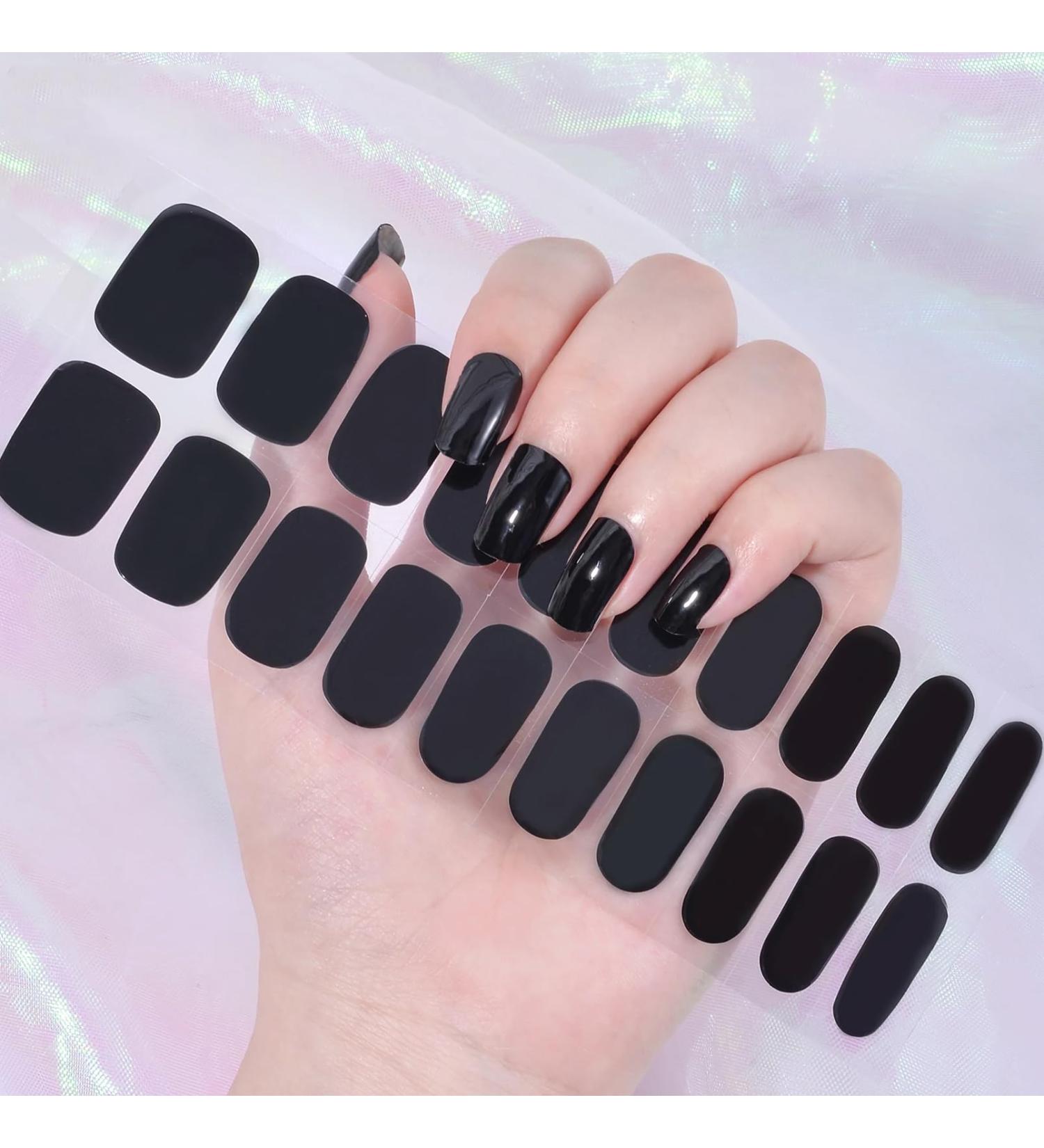 DMQ Semi Cured Gel Nail Strips 20 Stickers Gel Nail Strips Full Wraps Adhesive Gel Nail Stickers Set with Nail File & Wooden Cuticle Stick (UV/LED Lamp Required) - Black - Buy Online on GoSupps.com