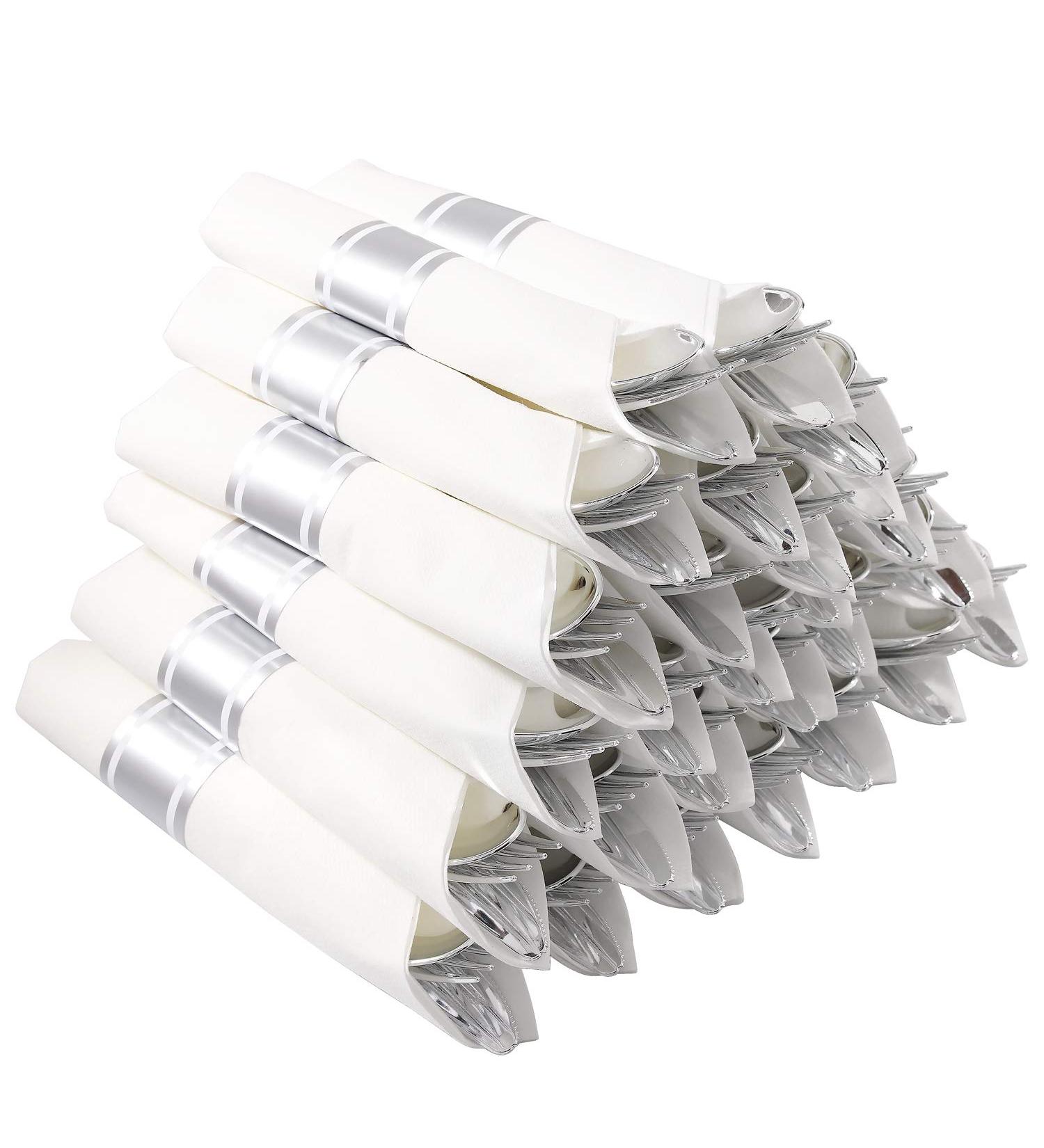 30 Pack Pre Rolled Napkins with Silver Plastic Cutlery Set - Premium Disposable Silverware with 30 Forks, 30 Knives, 30 Spoons, and Linen Like Napkins - Buy Online on GoSupps.com