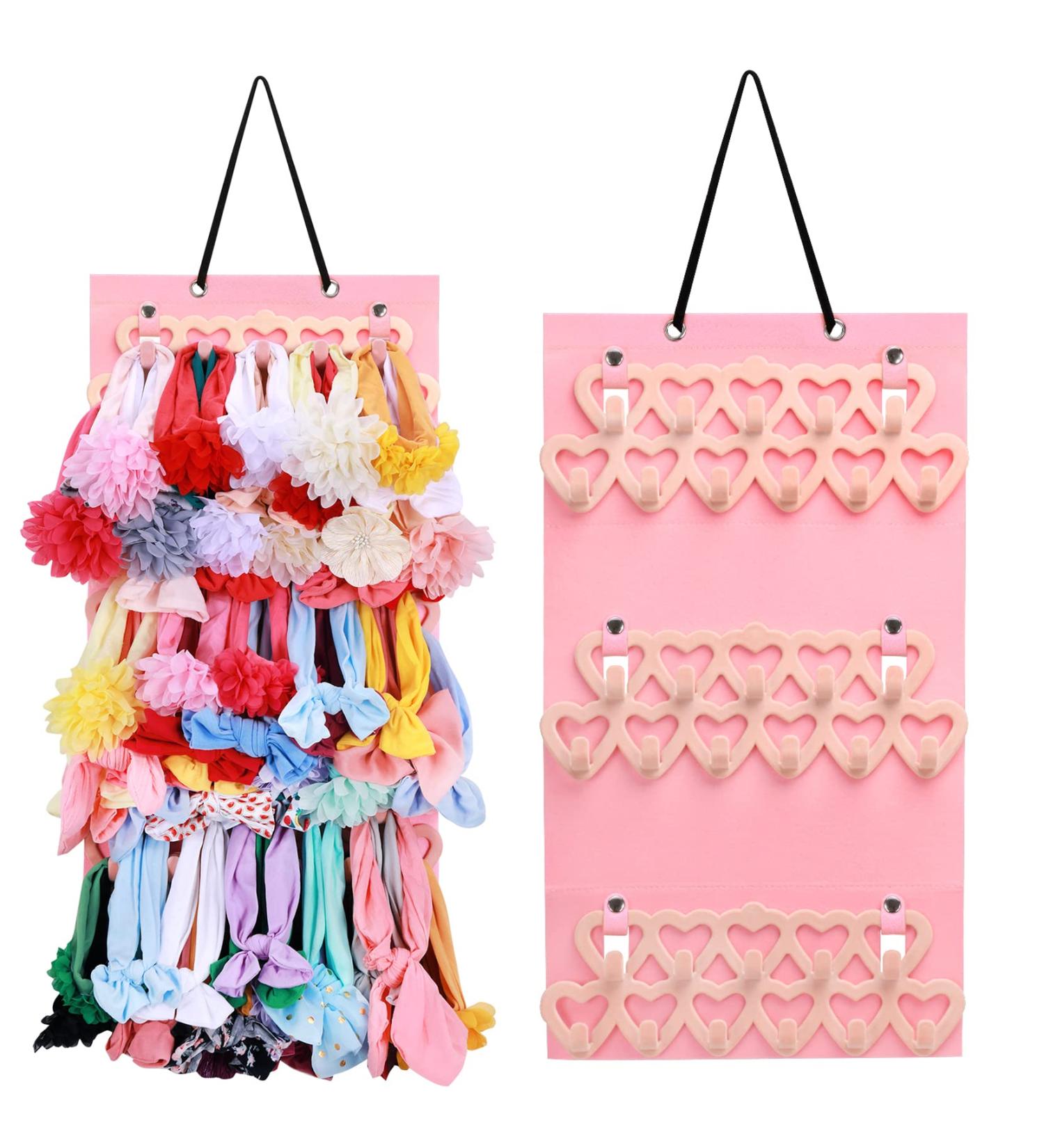 Baby Girl Headband Holder Organizer - Heart-Shaped Velvet Hangers - Light Pink - 12x21 Inch - Buy Online on GoSupps.com