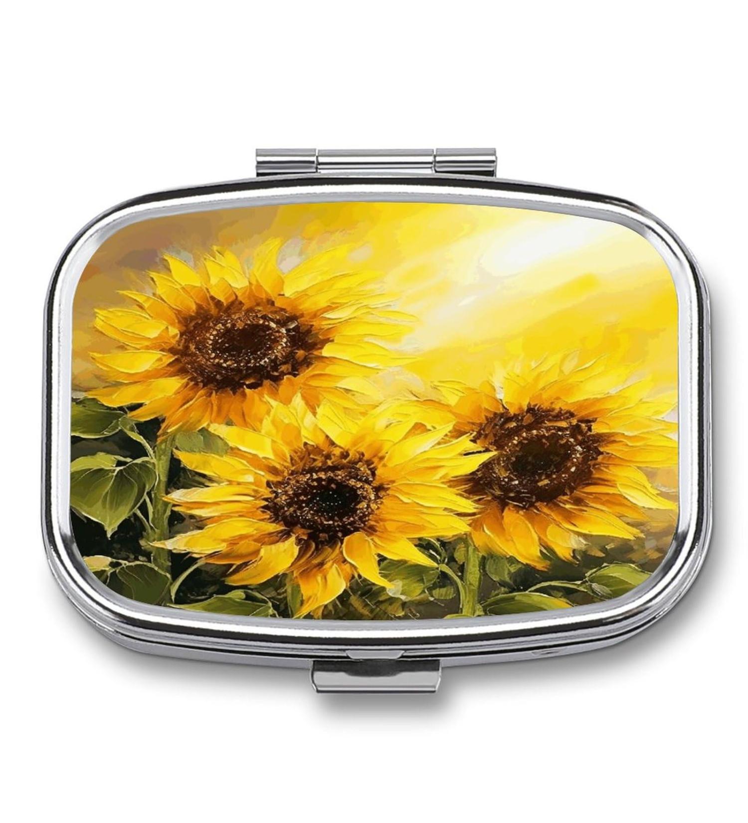 Yellow Sunflowers Pill Box | 2 Compartment Decorative Metal Pill Organizer | Portable Medicine Case for Pocket & Purse - Buy Online on GoSupps.com