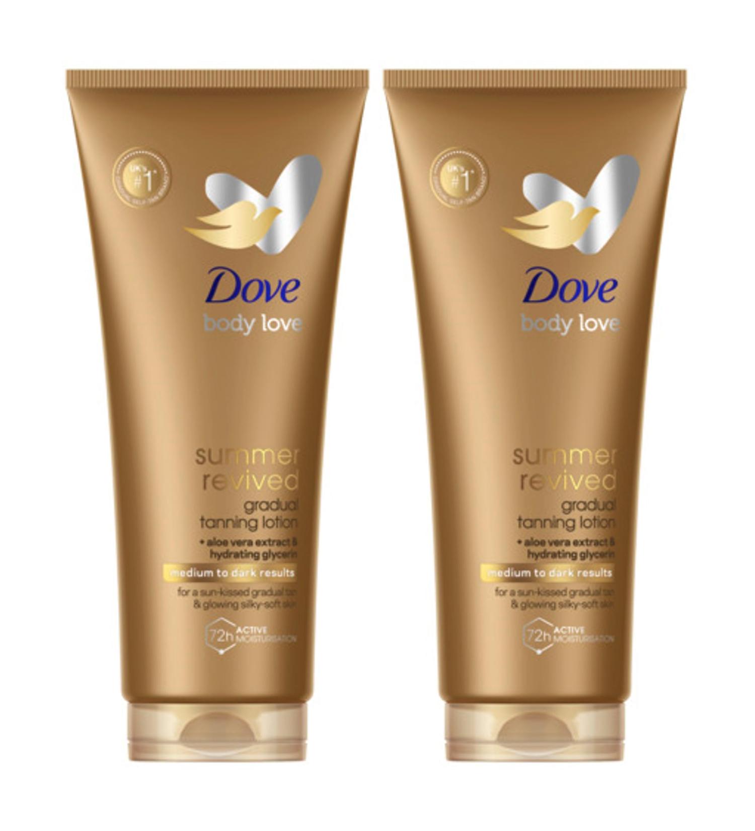 Dove Summer Revived Medium to Dark Gradual Tanning Lotion for a gradual tan and natural radiant glow non greasy self-tan for all skin types 200 ml x2 - Buy Online on GoSupps.com