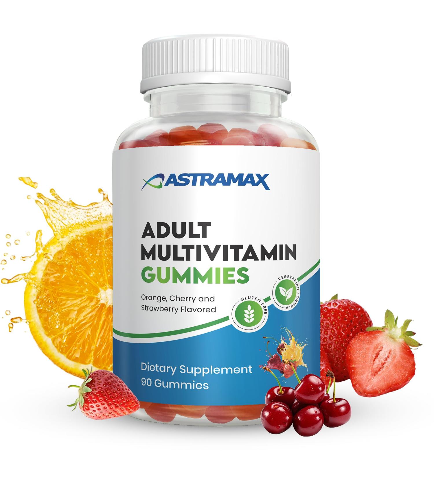 Astramax Adult Multivitamin Gummies 90 Count | Orange Cherry & Strawberry Flavors | Gluten Free Vegetarian | Vitamins A C D B12 Zinc | 45 90 Day Supply - Buy Online on GoSupps.com