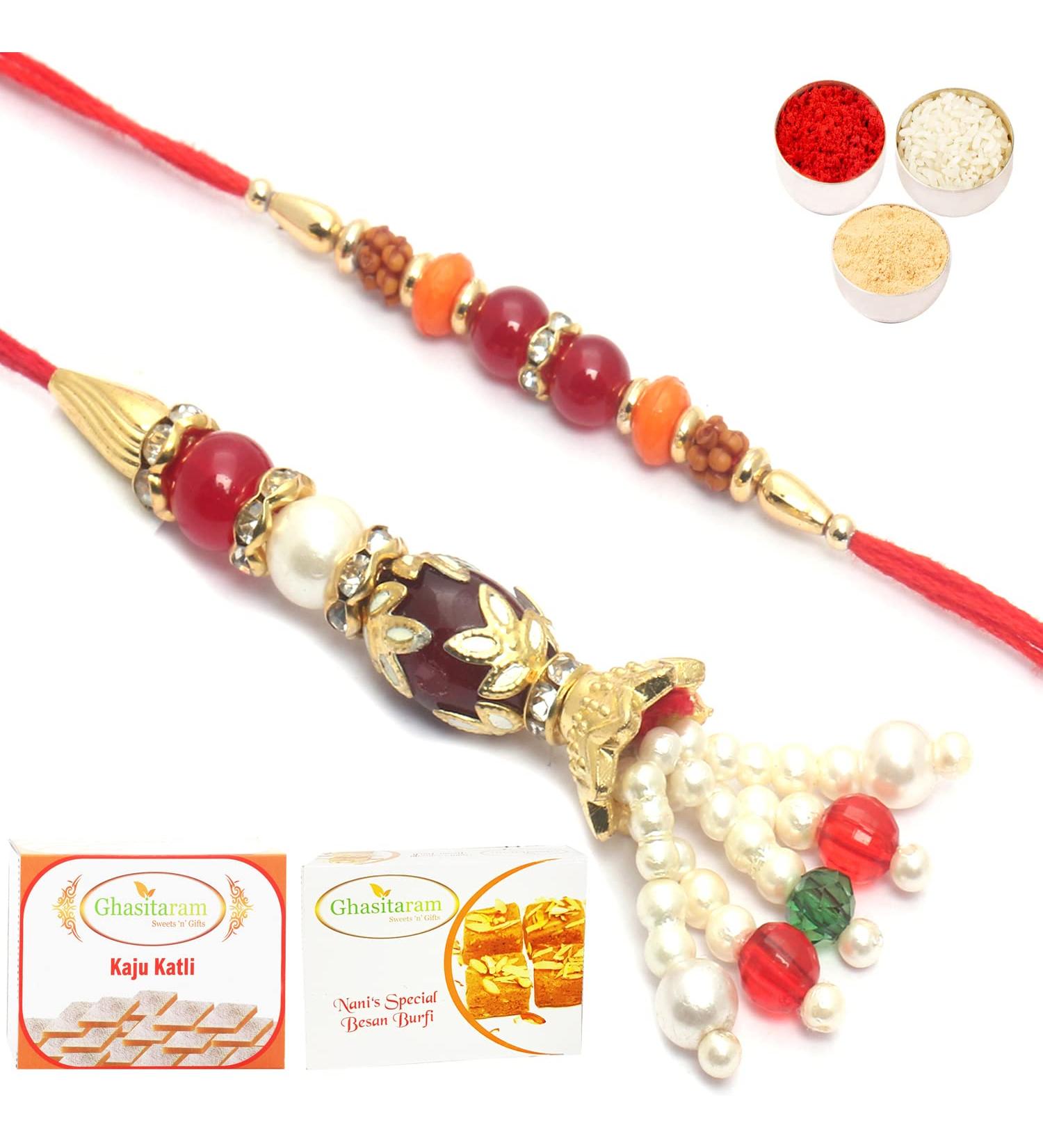 Ghasitaram Gifts Rakhis Online - Rakhi for Brother- Pearly Possesion Bhaiya Bhabhi Rakhi with 200 GMS of Besan Barfi and 200 GMS of Kaju Katli Rakhi Set with 200 gms of Besan Barfi & Kaju Katli - Buy Online on GoSupps.com