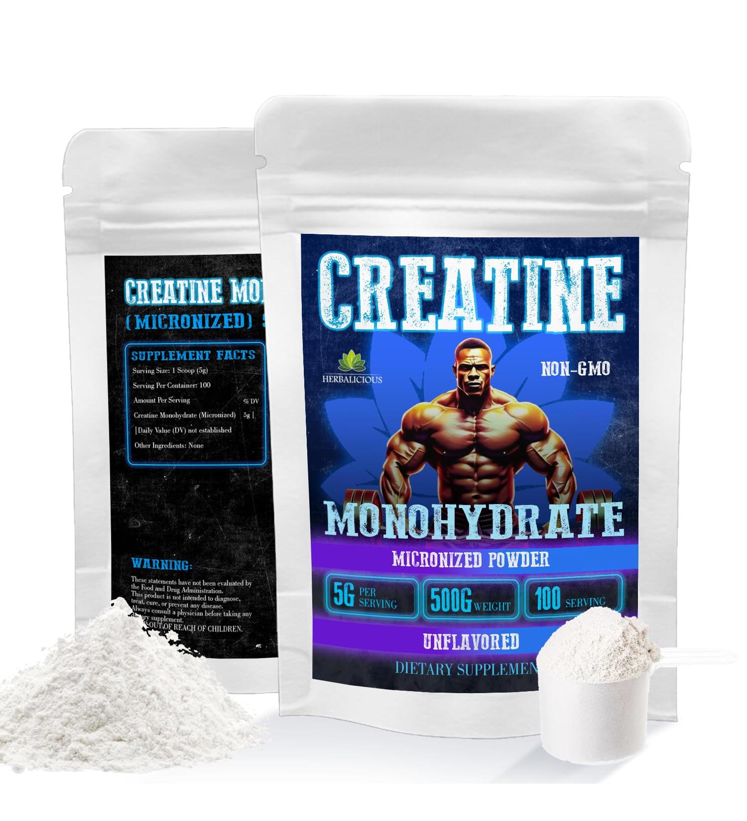 HERBALICIOUS Creatine Monohydrate Micronized Powder 5g per Serving for Strength Power and Performance Unflavored Non-GMO Formula 100 Servings 500g - Buy Online on GoSupps.com