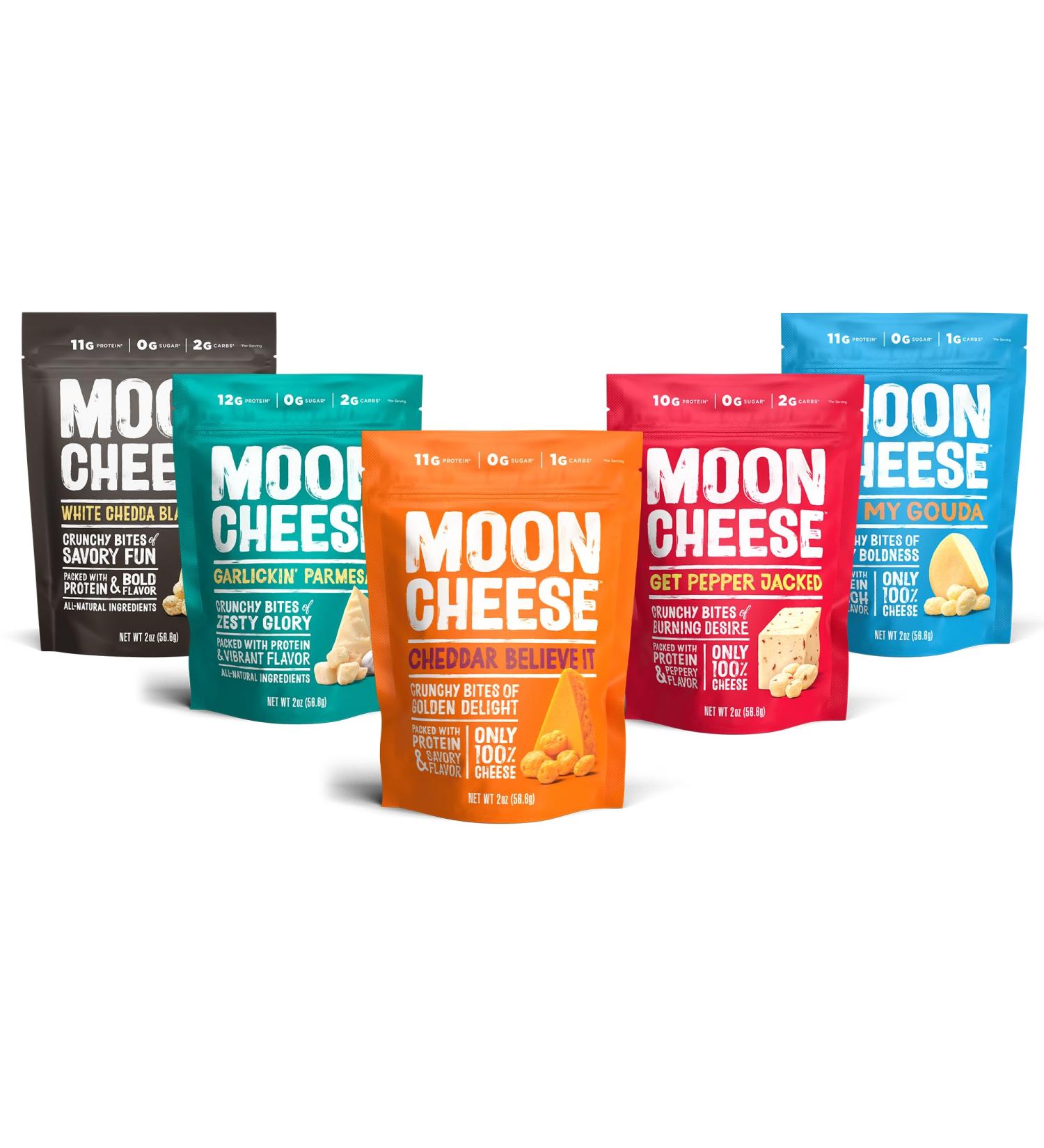 Moon Cheese Variety Pack Cheddar White Cheddar Gouda Garlic Parm & Pepper Jack Protein-Rich Cheese Snack Gluten Free Keto Friendly 100% Real Cheese 2 Ounce (Pack of 5) Variety Pack 2 Ounce (Pack of 5) - Buy Online on GoSupps.com