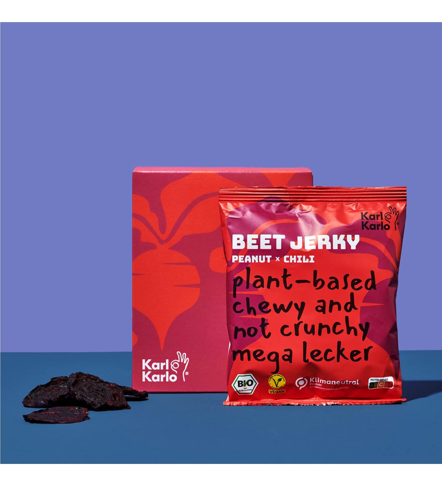 Karl Karlo Vegan Beef Jerky - Beetroot Peanut & Chilli Snack | Natural Ingredients | Hearty Vegan Dry Meat | Made in Europe - 4 x 40 Pieces (4 Pack) - Buy Online on GoSupps.com