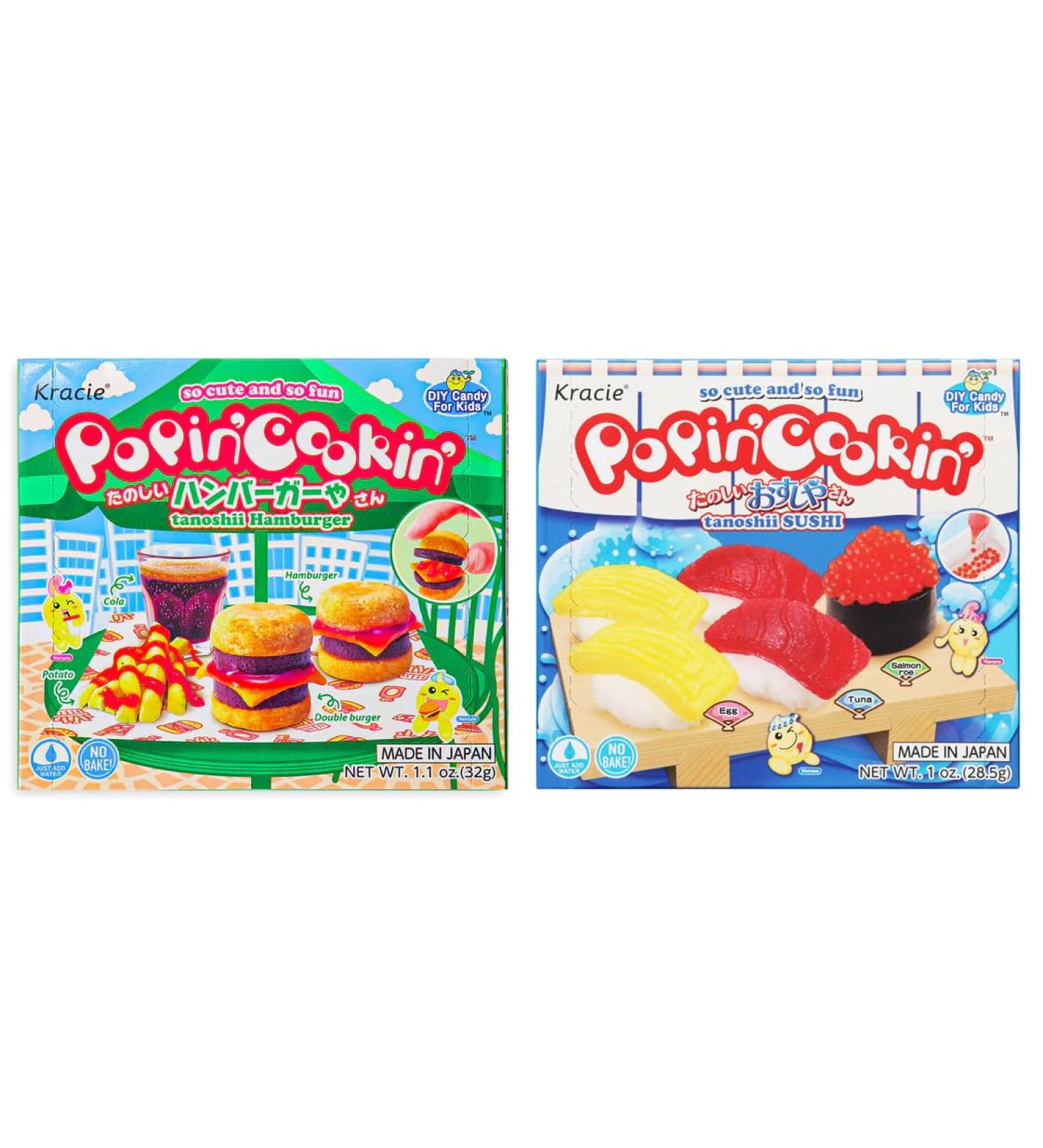 Kracie Popin' Cookin' DIY Candy Making Kit (2) Package Variety Bundle with BIG MAPLE Trivia Cards to Enjoy While Snacking. Flavours include Tanoshi Sushi & Hamburger. Fun Kids Snack - Buy Online on GoSupps.com