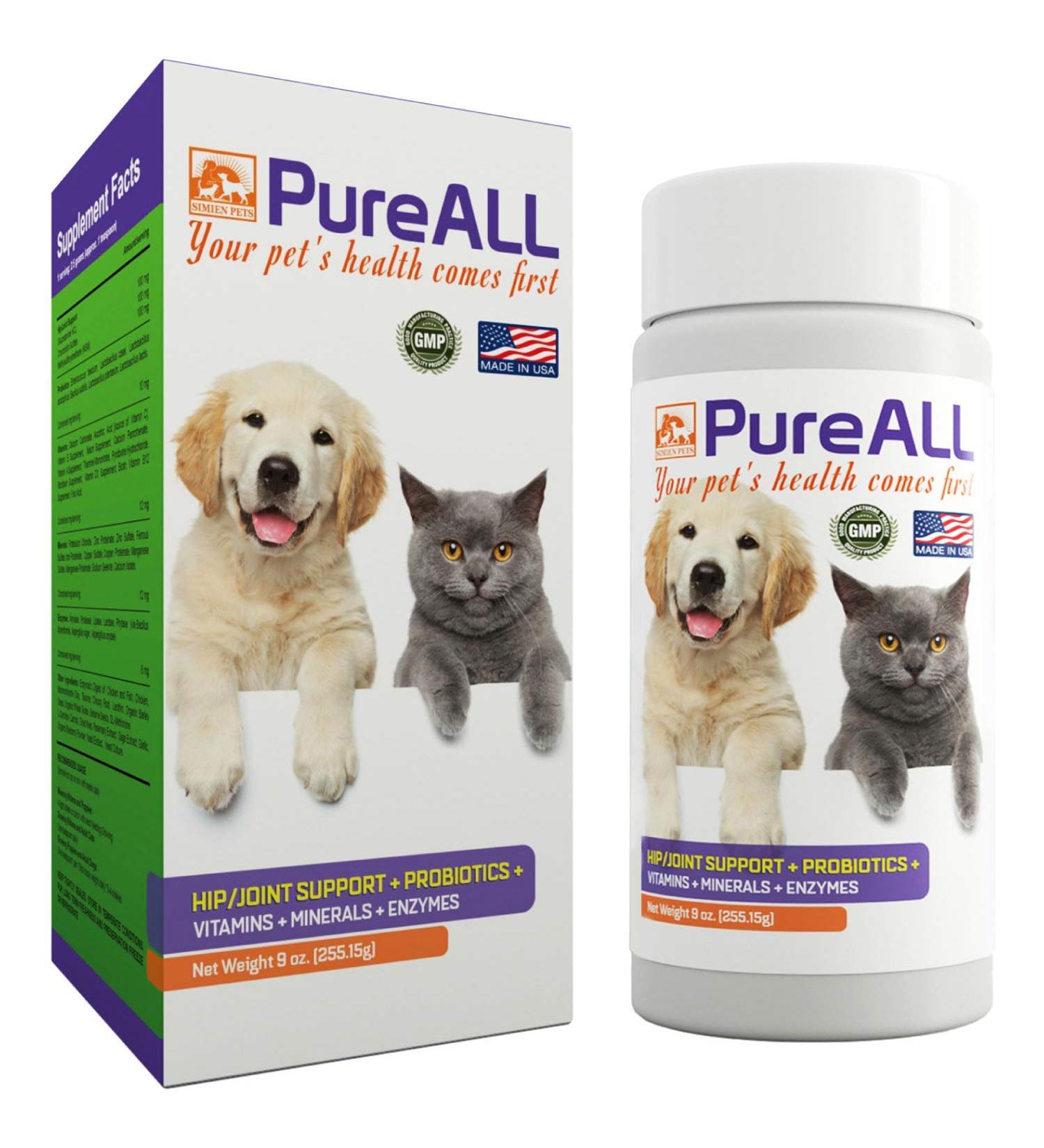 SIMIEN PureAll All-in-One Dog & Cat Probiotics | Hip Joint Pain Relief Formula with Vitamins, Enzymes, Antioxidants, Minerals, Glucosamine, MSM, Chondroitin | 100 Servings | Trusted 37+ Years - Buy Online on GoSupps.com