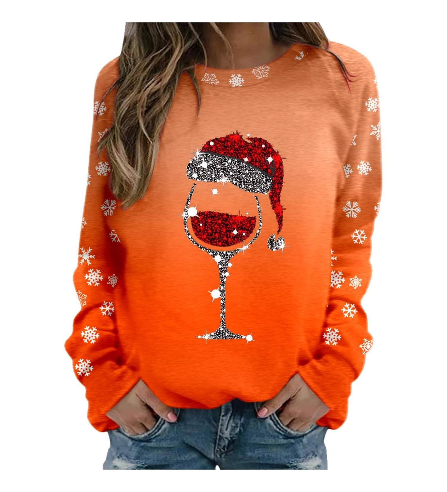 Yihaojia Christmas Tops for Women Holiday Sweatshirt Red Wine Glass Santa Hat Graphic Sweater Long Sleeve Xmas Gift Pullover Orange 3X-Large