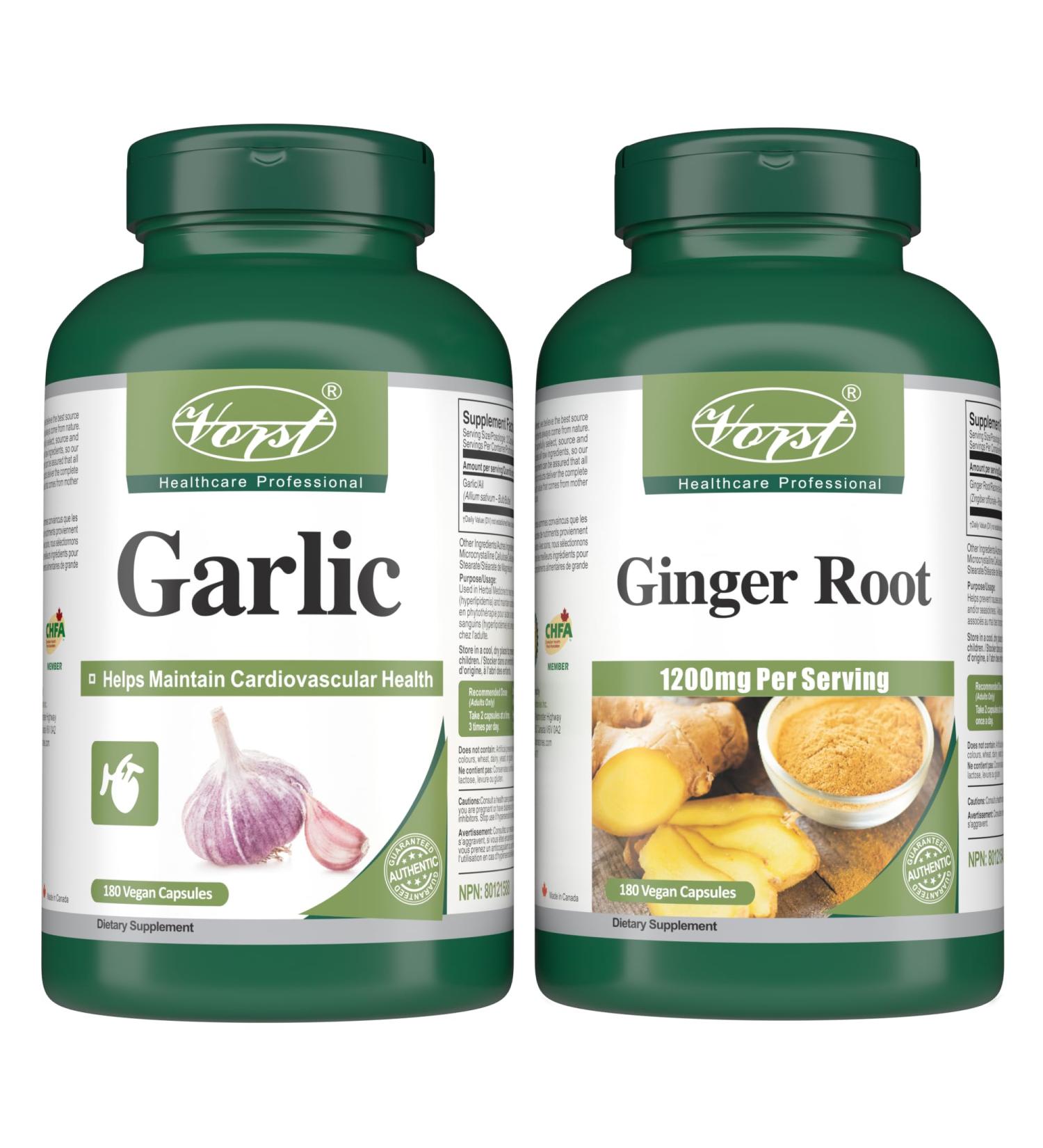 VORST Garlic 180 Vegan Capsules and Ginger Root 180 Vegan Capsules (Combo Bundle 2 bottles) - Buy Online on GoSupps.com