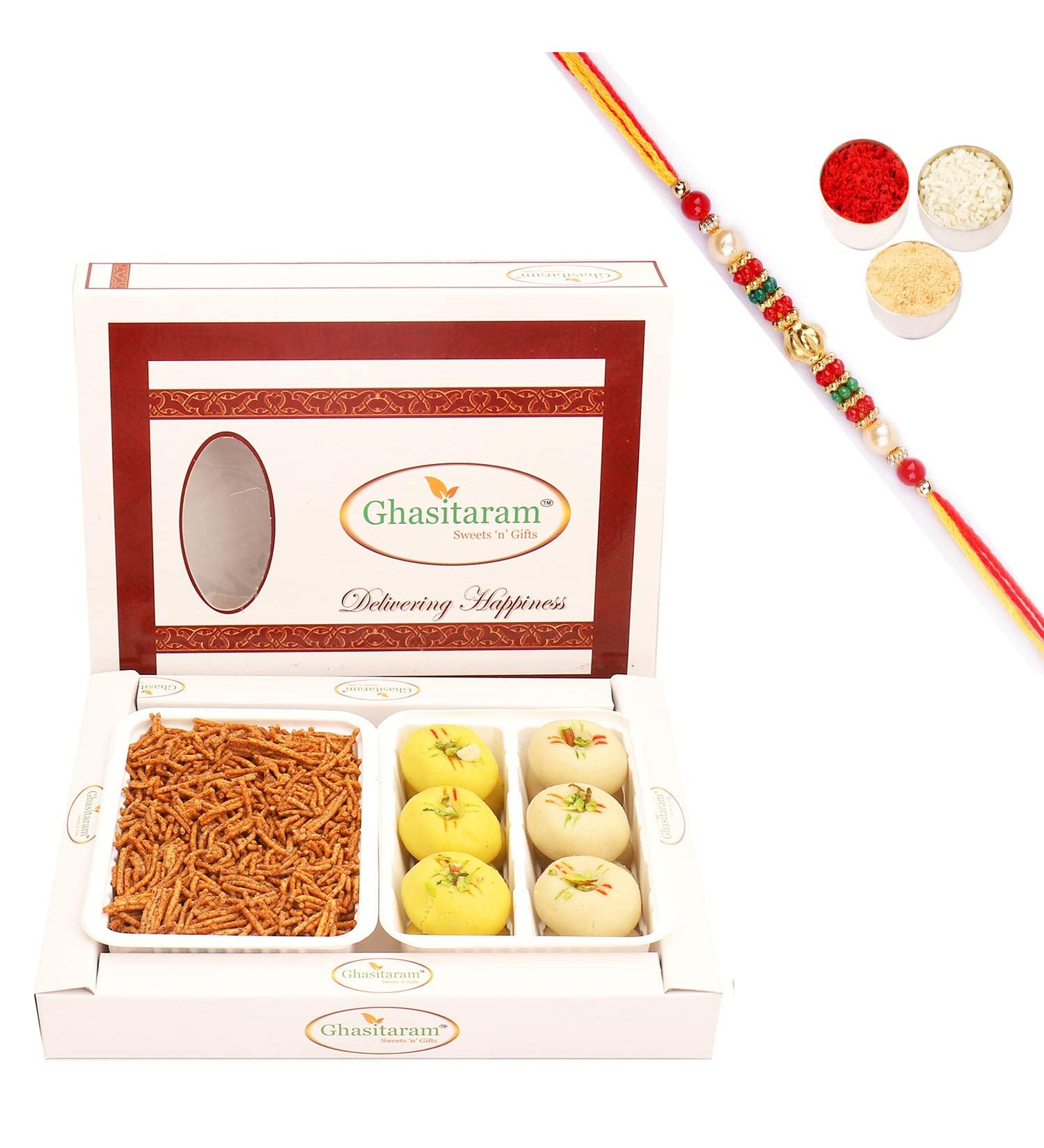 Ghasitaram Gifts Rakhi Gifts for Brothers Rakhi Sweets - Box of Suagrfree Mawa Peda and SOYA Sev with Beads Rakhi - Buy Online on GoSupps.com