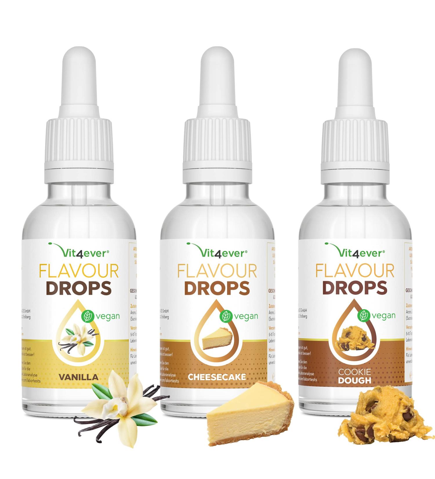 Flavor Drops Bundle 3x50ml - Calorie-Free Vanilla Cheesecake Cookie Dough - Premium Flavoring for Baking & Beverages - Buy Online on GoSupps.com