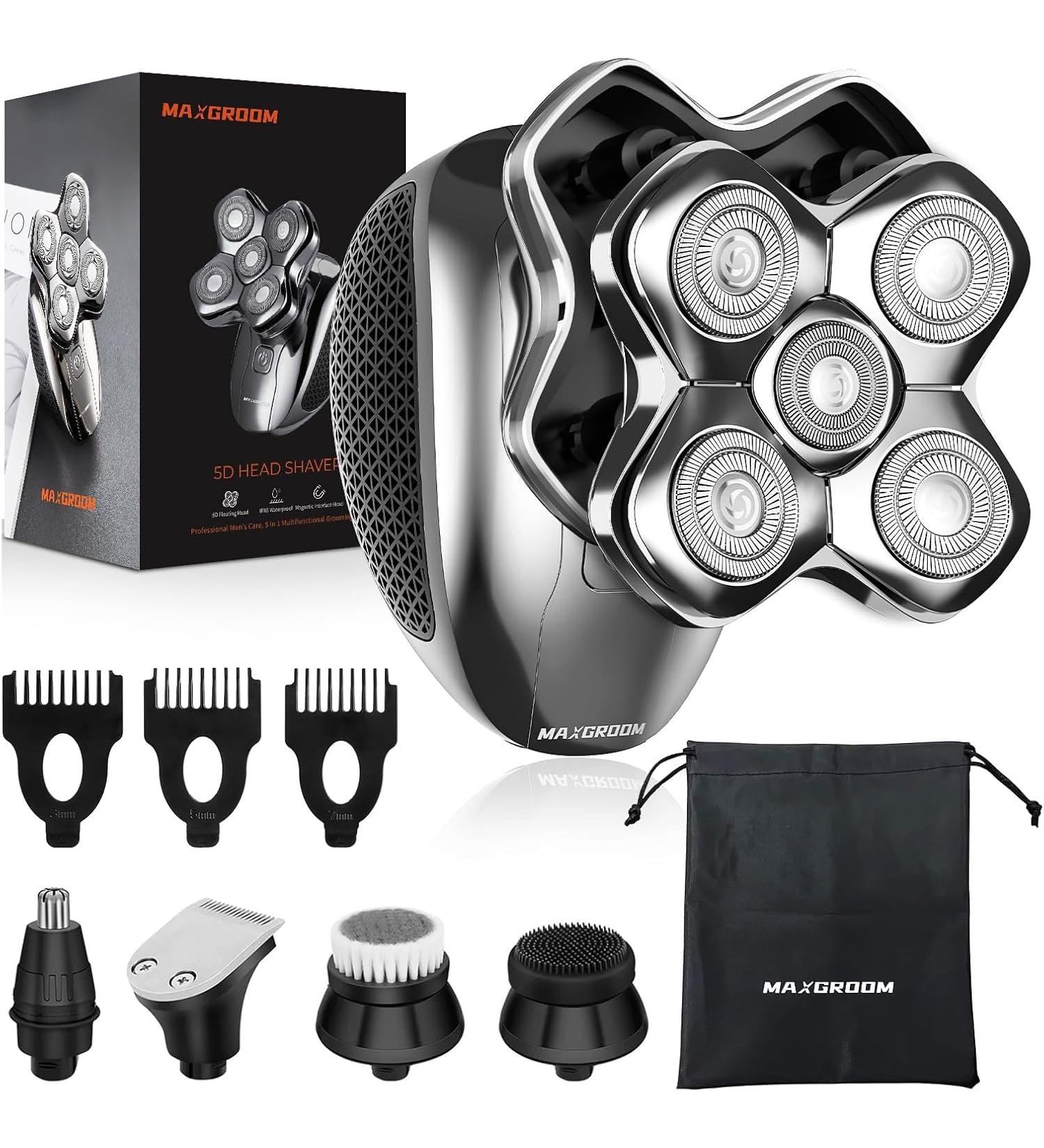 MAXGROOM 5-in-1 Waterproof Magnetic Detachable Head Shaver for Bald Men - USB Rechargeable LED Display Wet/Dry Use Travel Pouch Included - Buy Online on GoSupps.com