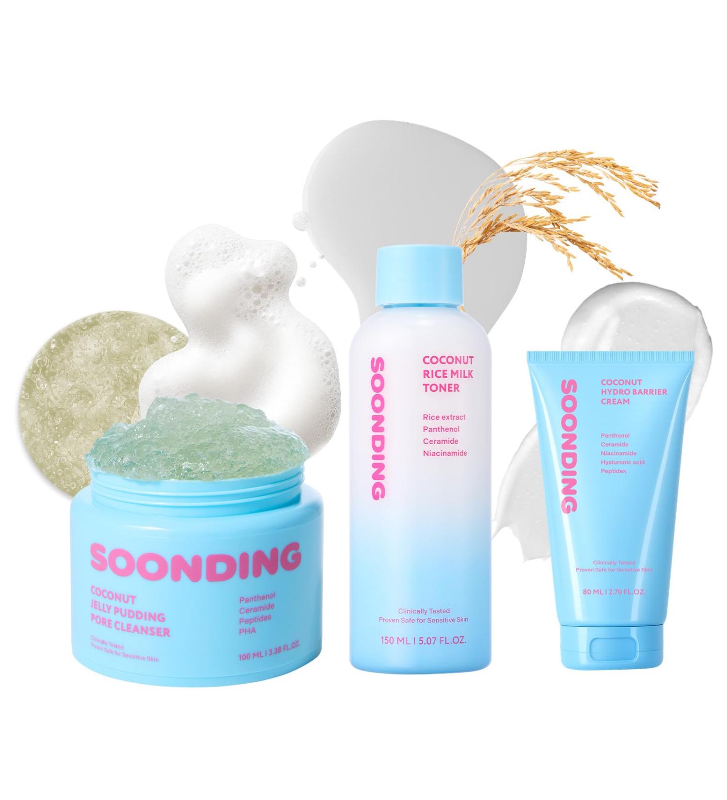 SOONDING Coconut Korean Glass Prep Skincare Set - Coconut Jelly Pudding Pore Cleanser Rice Milk Toner Hydro Barrier Cream - Buy Online on GoSupps.com